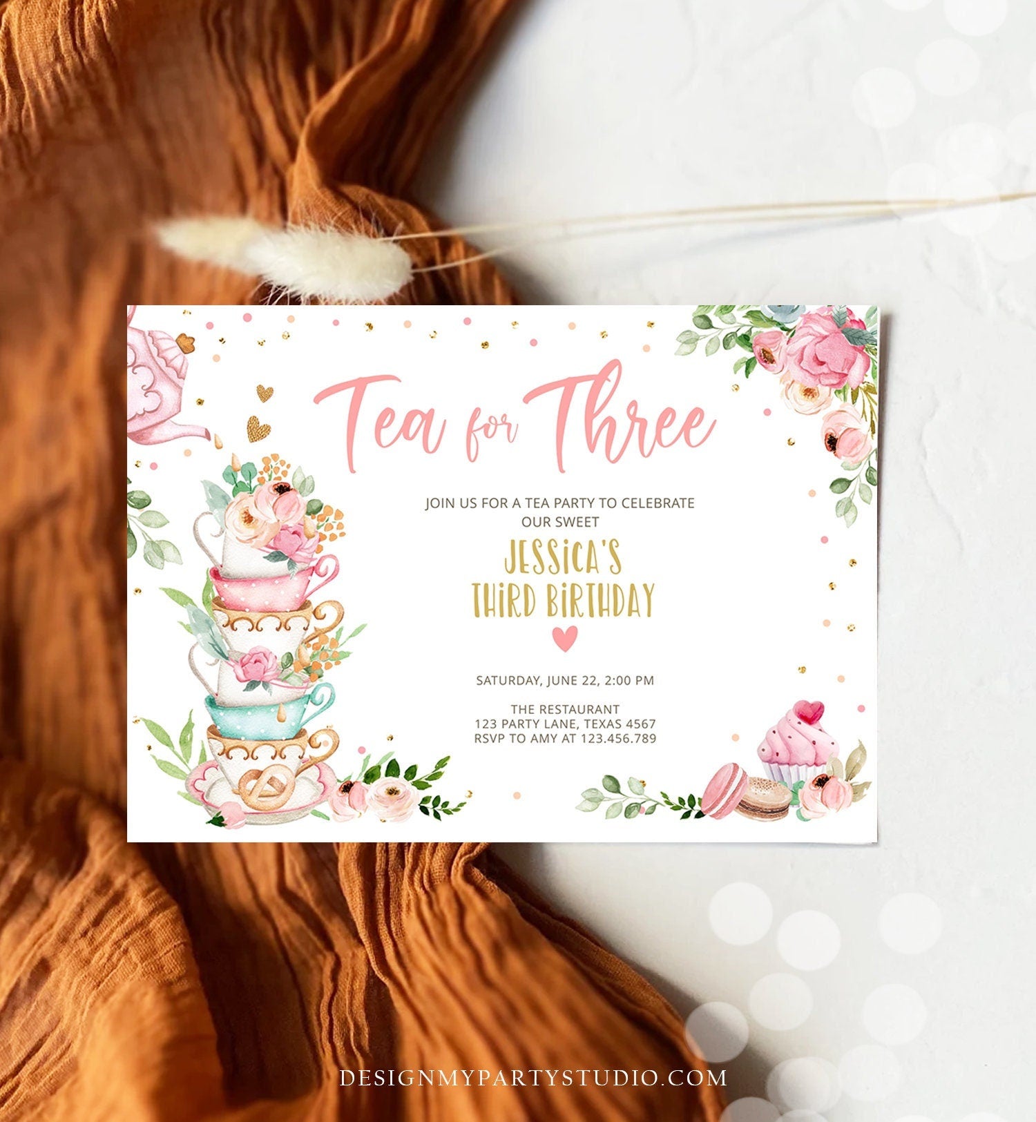 Editable Tea for Three Birthday Invitation Girl Tea Party Invite Pink Gold Floral Peach Third Birthday 3rd Corjl Template Printable 0349