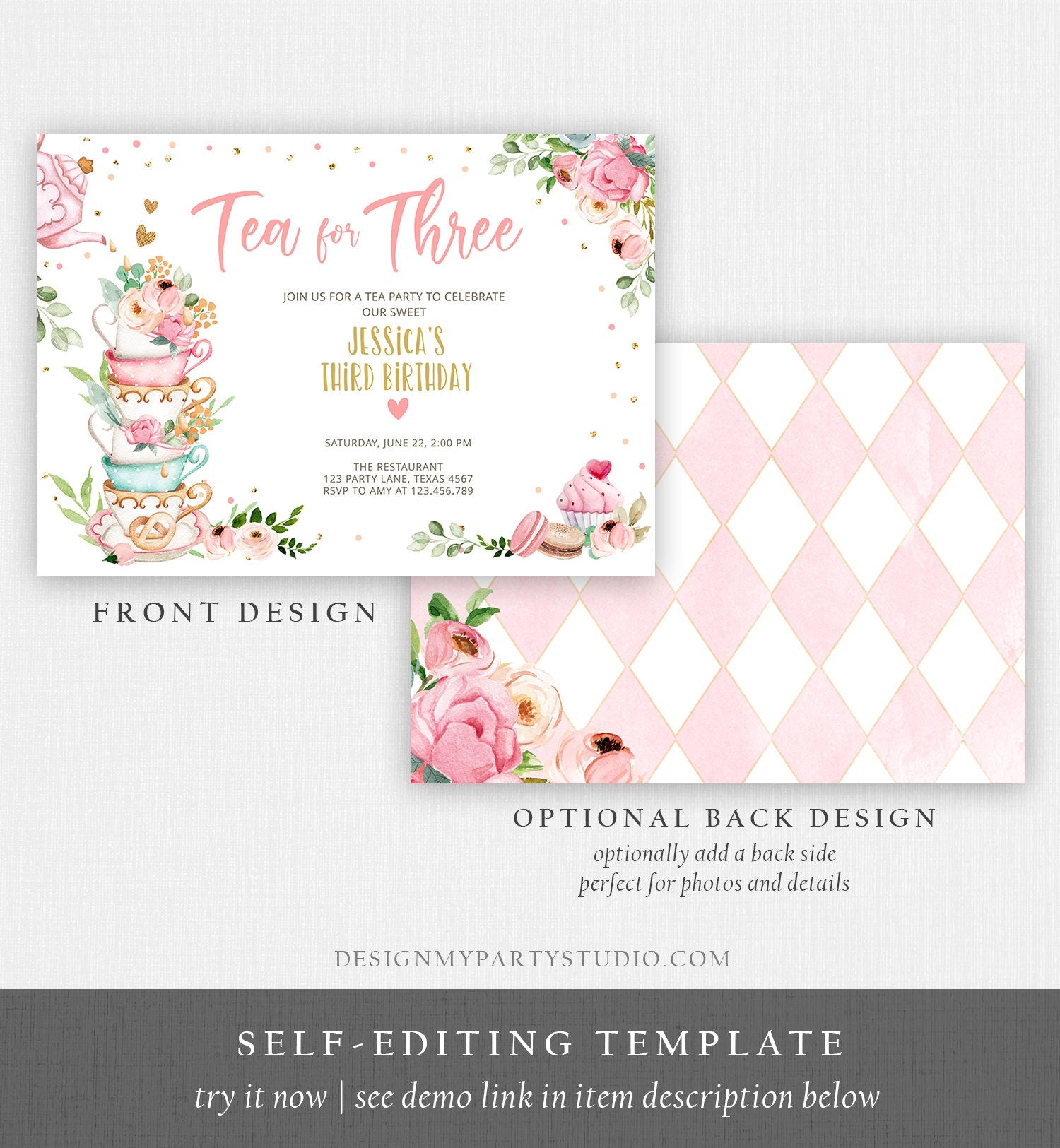 Editable Tea for Three Birthday Invitation Girl Tea Party Invite Pink Gold Floral Peach Third Birthday 3rd Corjl Template Printable 0349