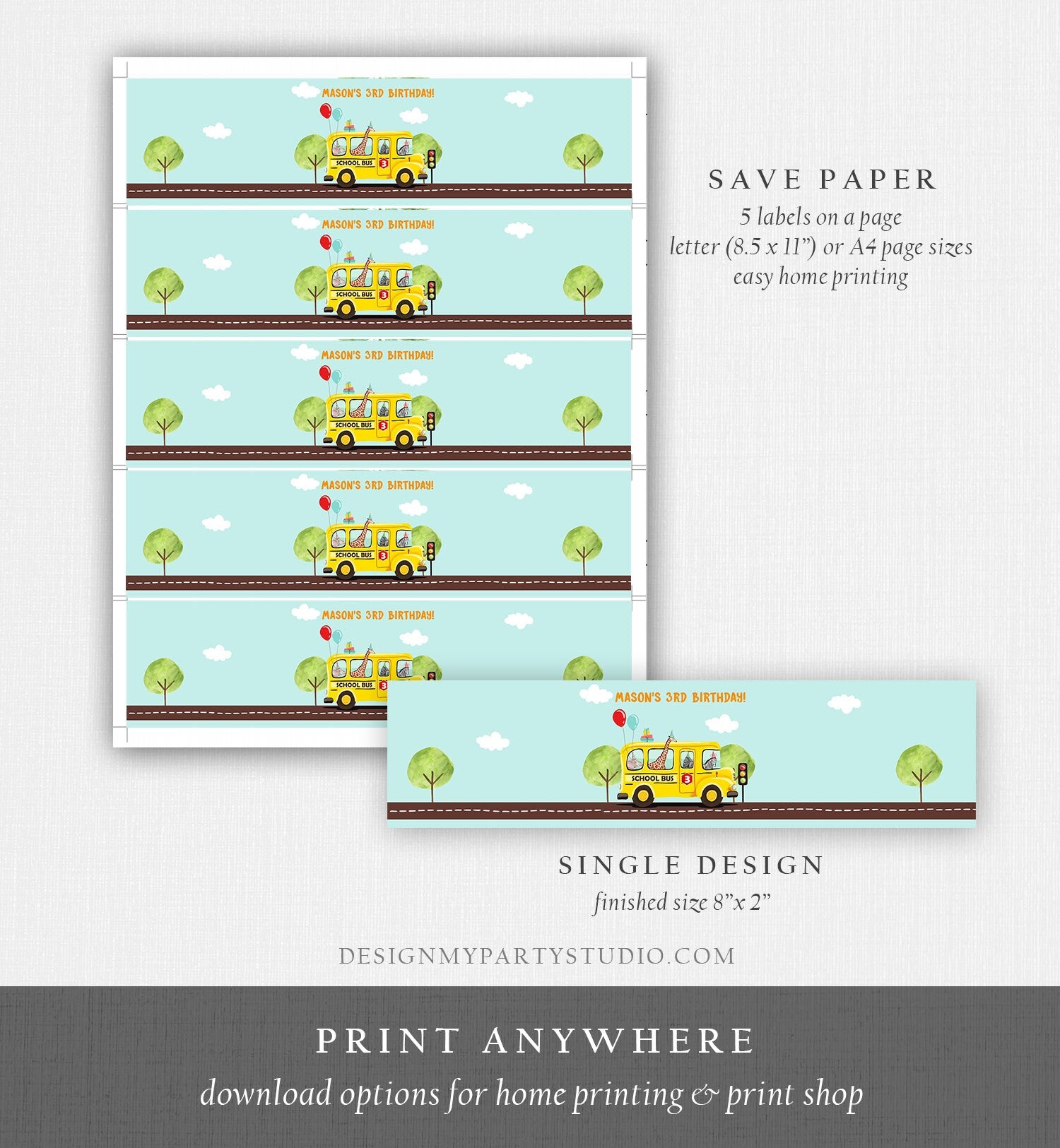 Editable School Bus Water Bottle Labels Wheels on The Bus Decor Bus Birthday Favor Labels Bus Party Instant Printable Template Digital 0325