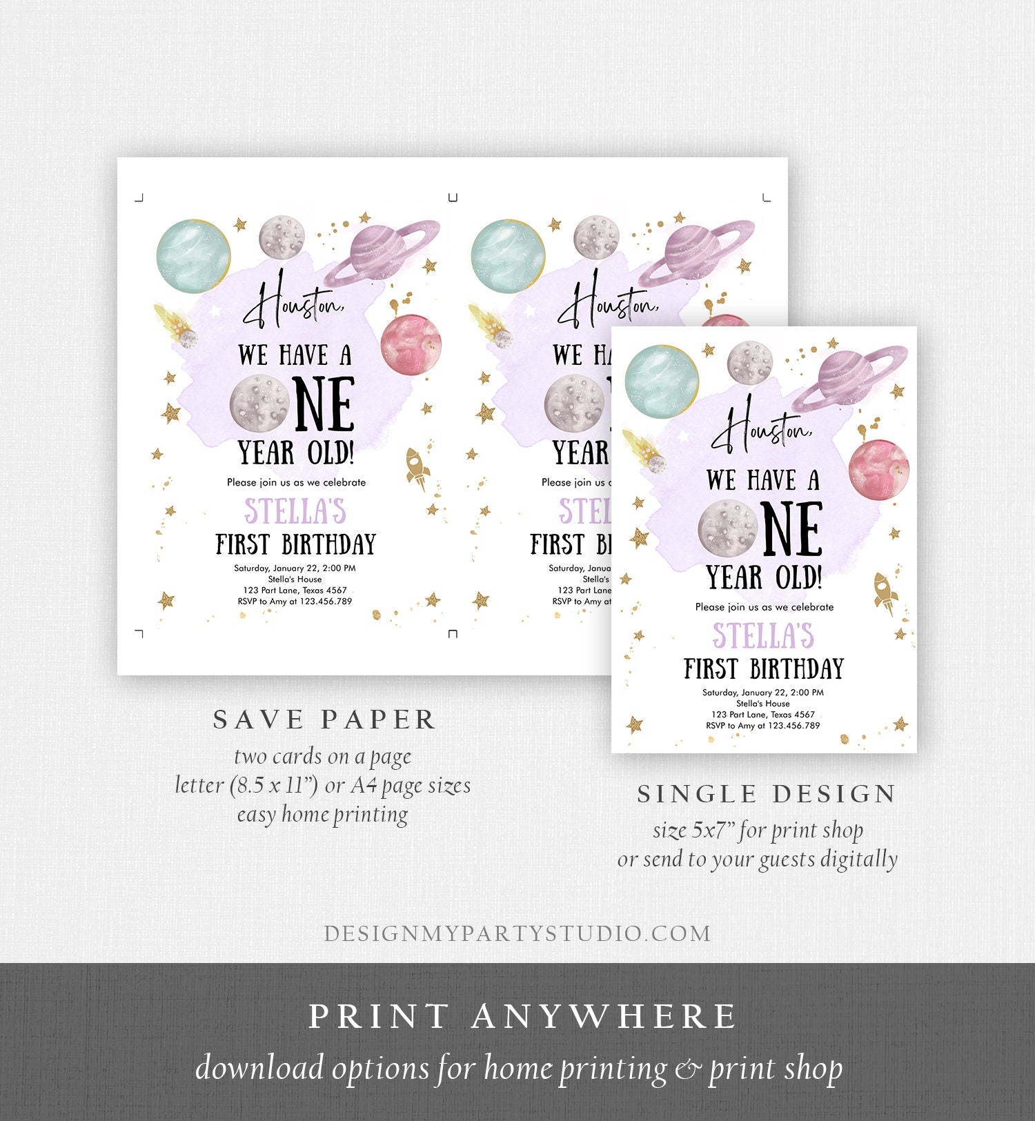 Editable Outer Space First Birthday Invitation Galaxy Houston First Trip Around the Sun One Digital Download Evite Template Printable 0357