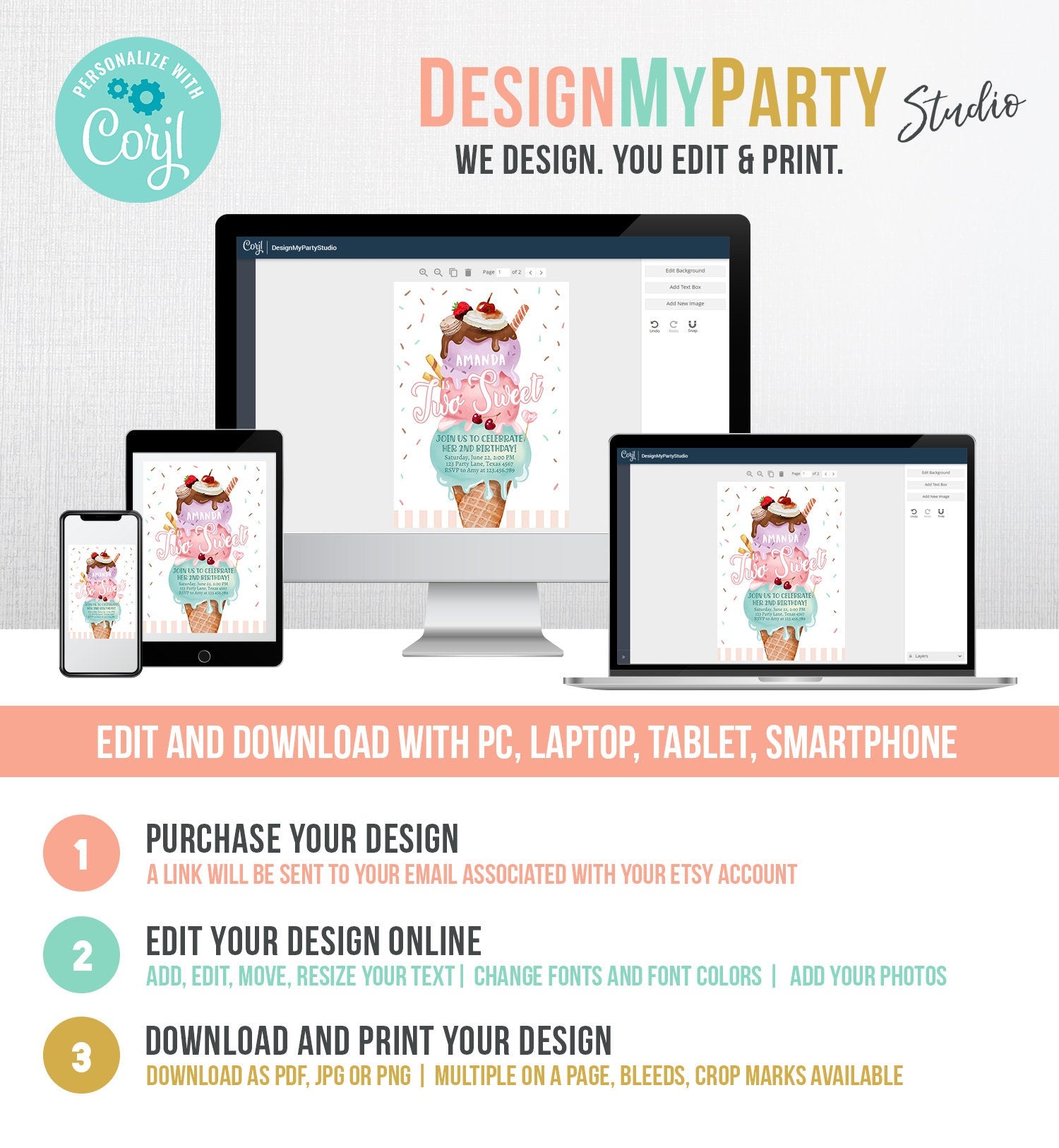 Editable Ice Cream Birthday Invitation Ice Cream Party Two Sweet Modern 2nd Birthday Party Second Download Printable Template Corjl 0392