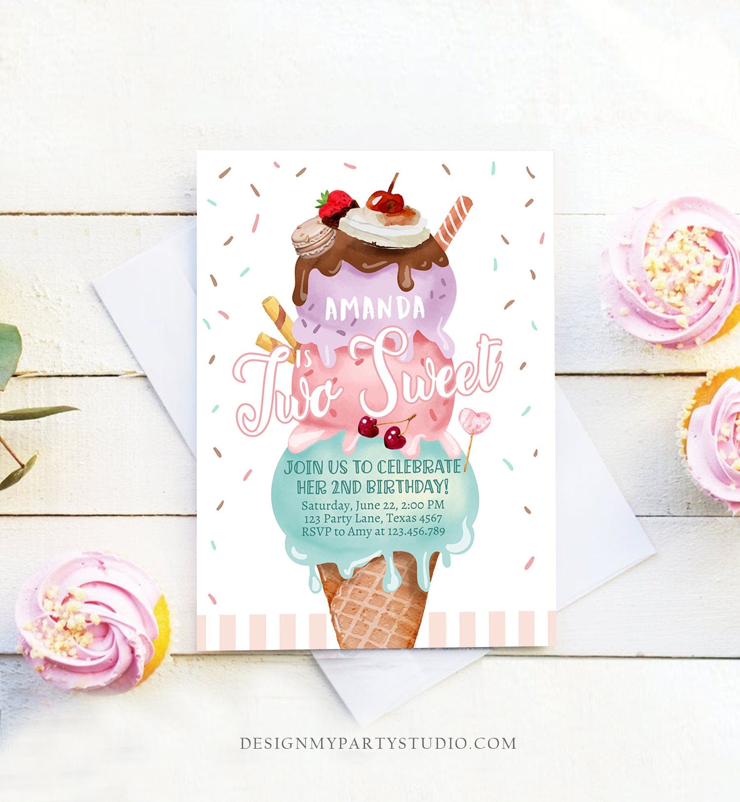 Editable Ice Cream Birthday Invitation Ice Cream Party Two Sweet Modern 2nd Birthday Party Second Download Printable Template Corjl 0392