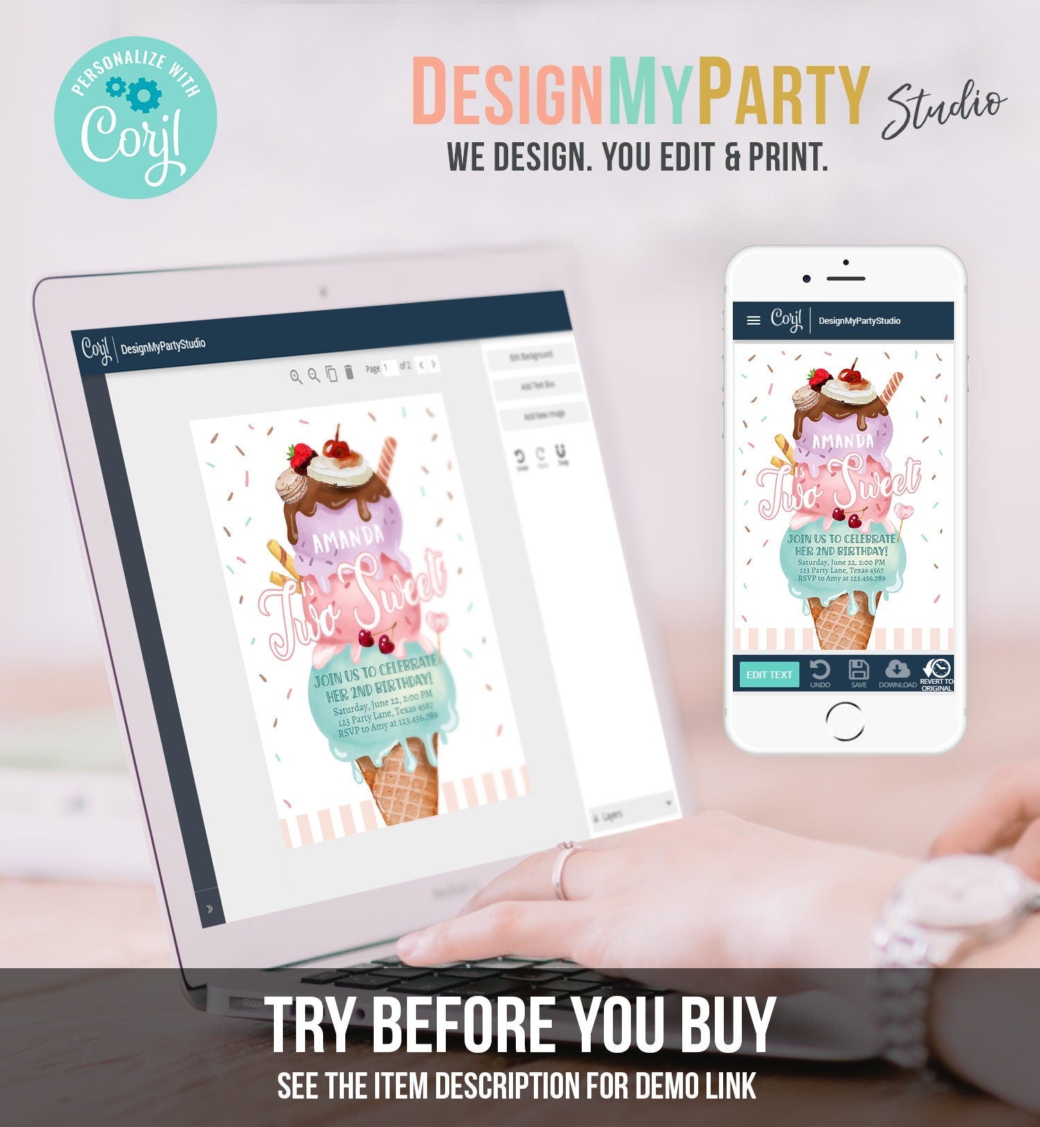 Editable Ice Cream Birthday Invitation Ice Cream Party Two Sweet Modern 2nd Birthday Party Second Download Printable Template Corjl 0392