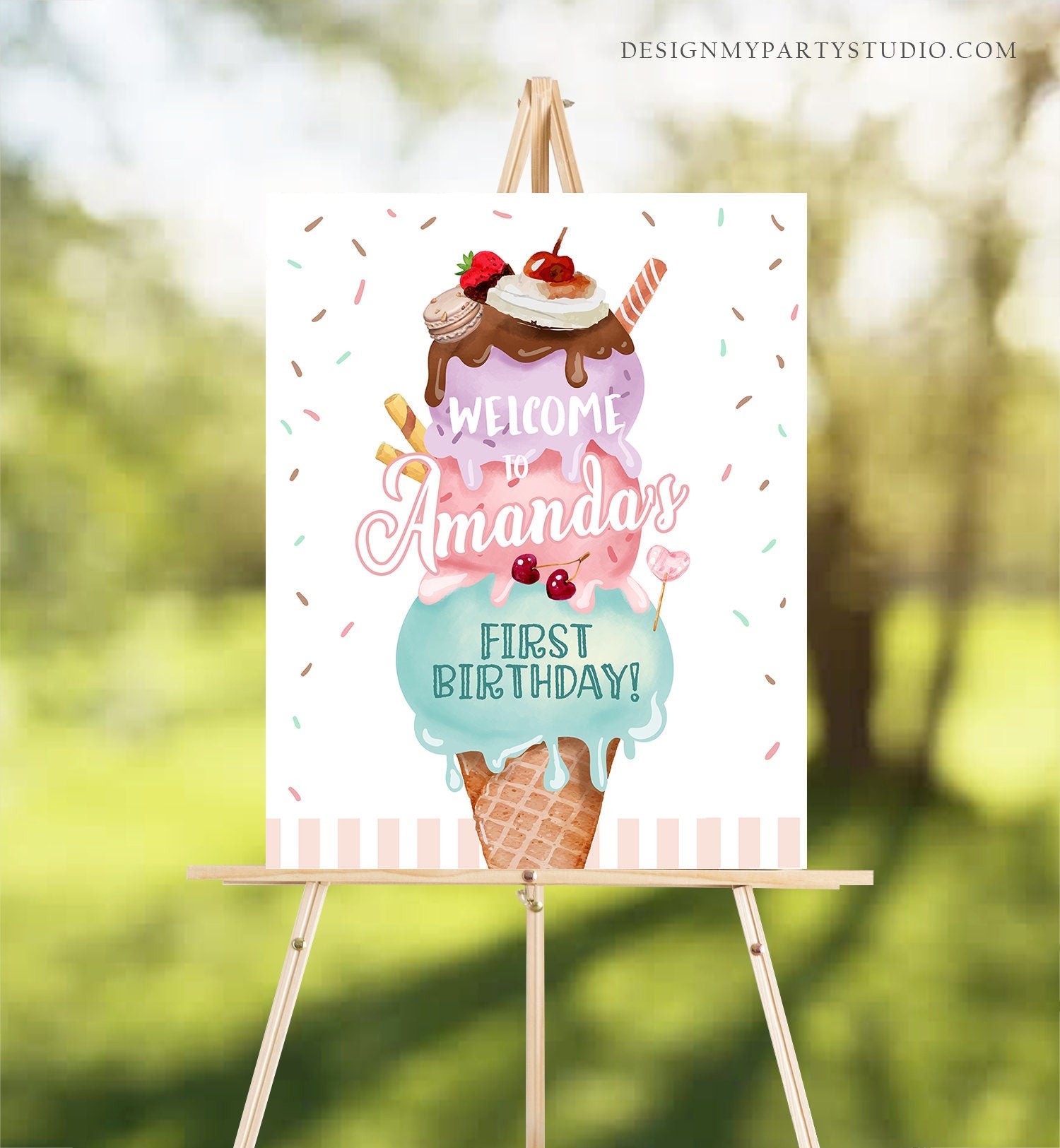 Editable Ice Cream Party Welcome Sign Ice Cream Birthday Welcome Scoop Girl Pink Purple Two Sweet Cream Shop Template PRINTABLE Corjl 0392