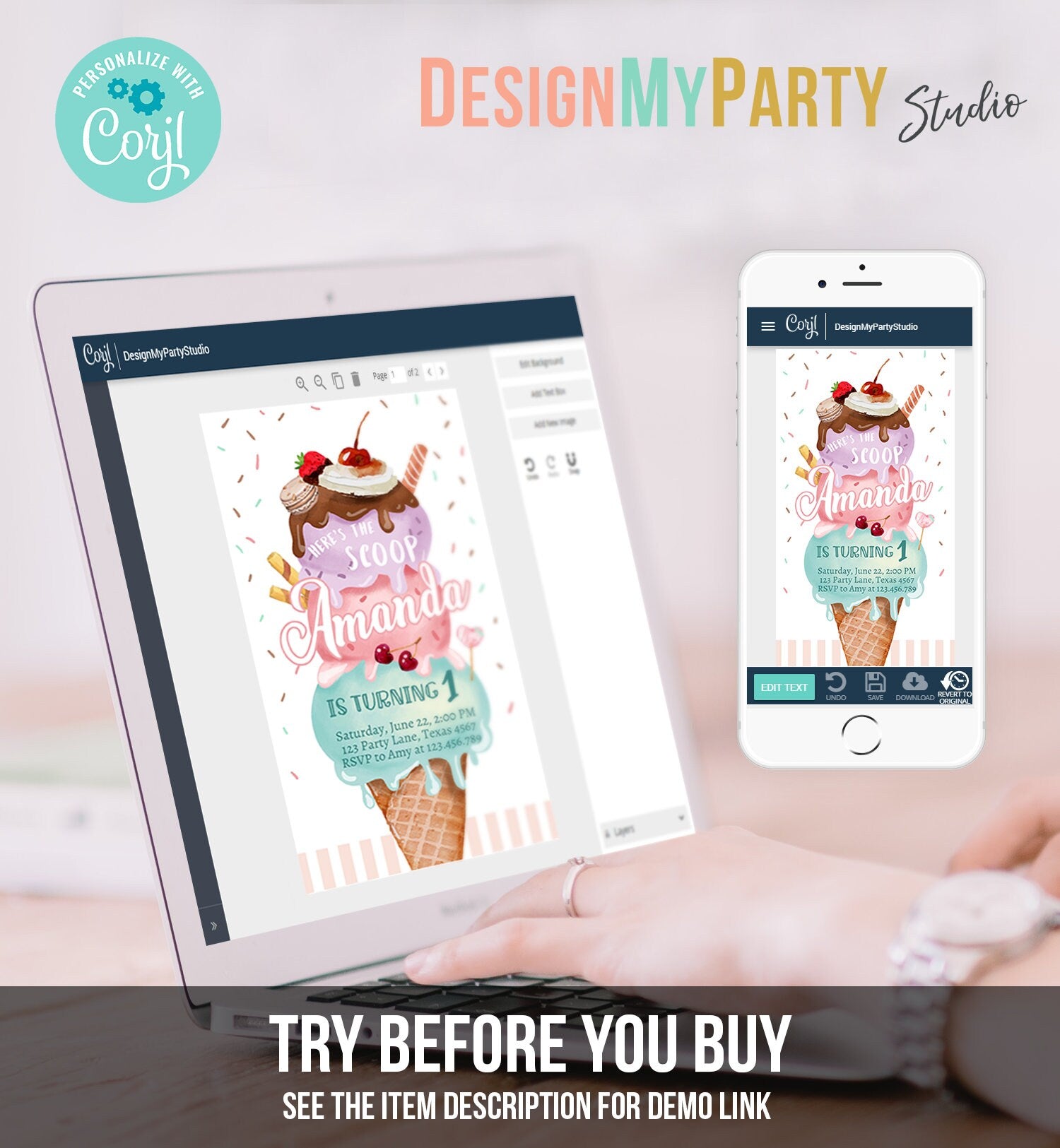 Editable Ice Cream Birthday Evite Ice Cream Truck Invite Modern Ice Cream Shoppe Here's The Scoop Girl Digital Phone Template Printable 0392