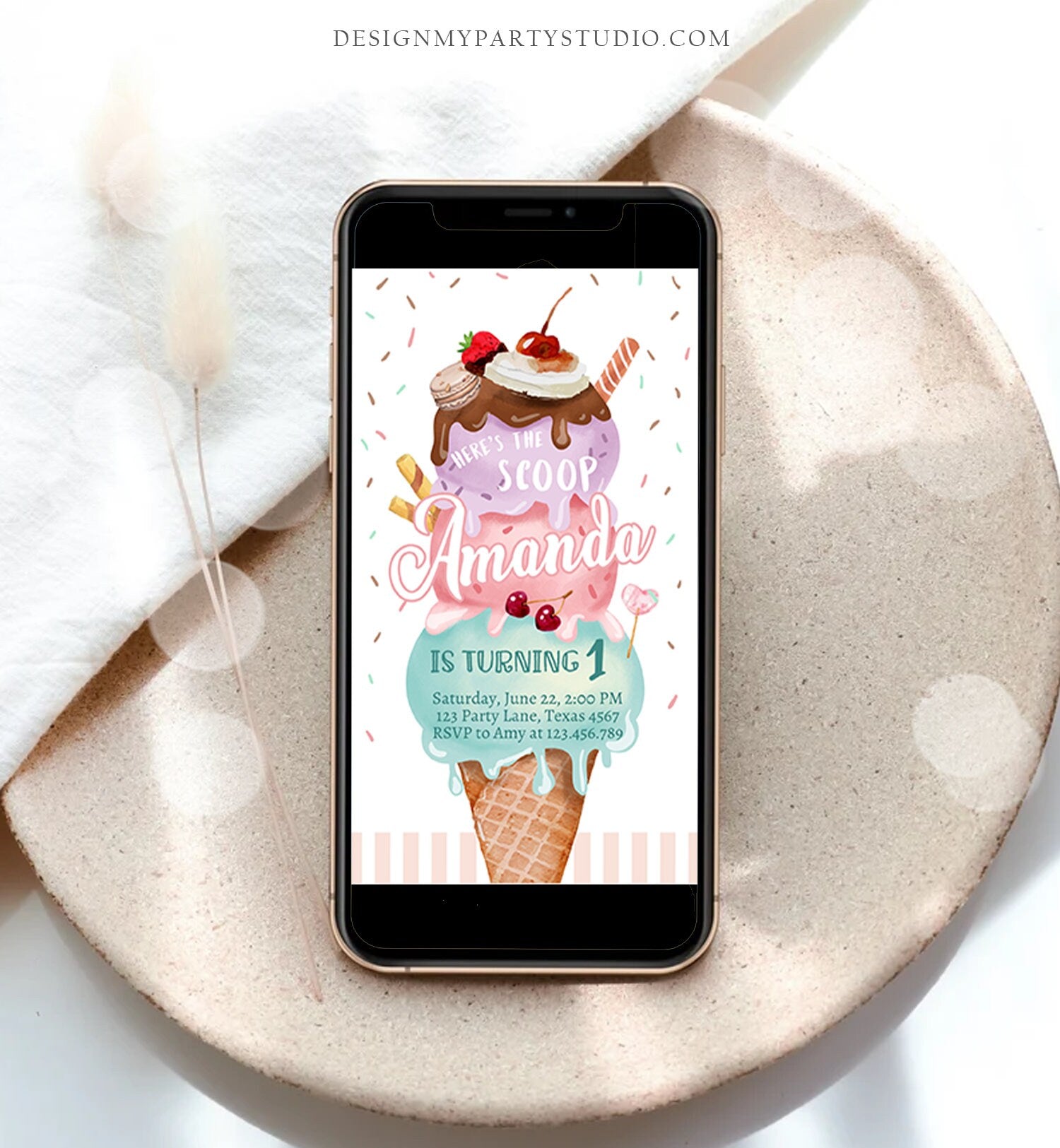 Editable Ice Cream Birthday Evite Ice Cream Truck Invite Modern Ice Cream Shoppe Here's The Scoop Girl Digital Phone Template Printable 0392