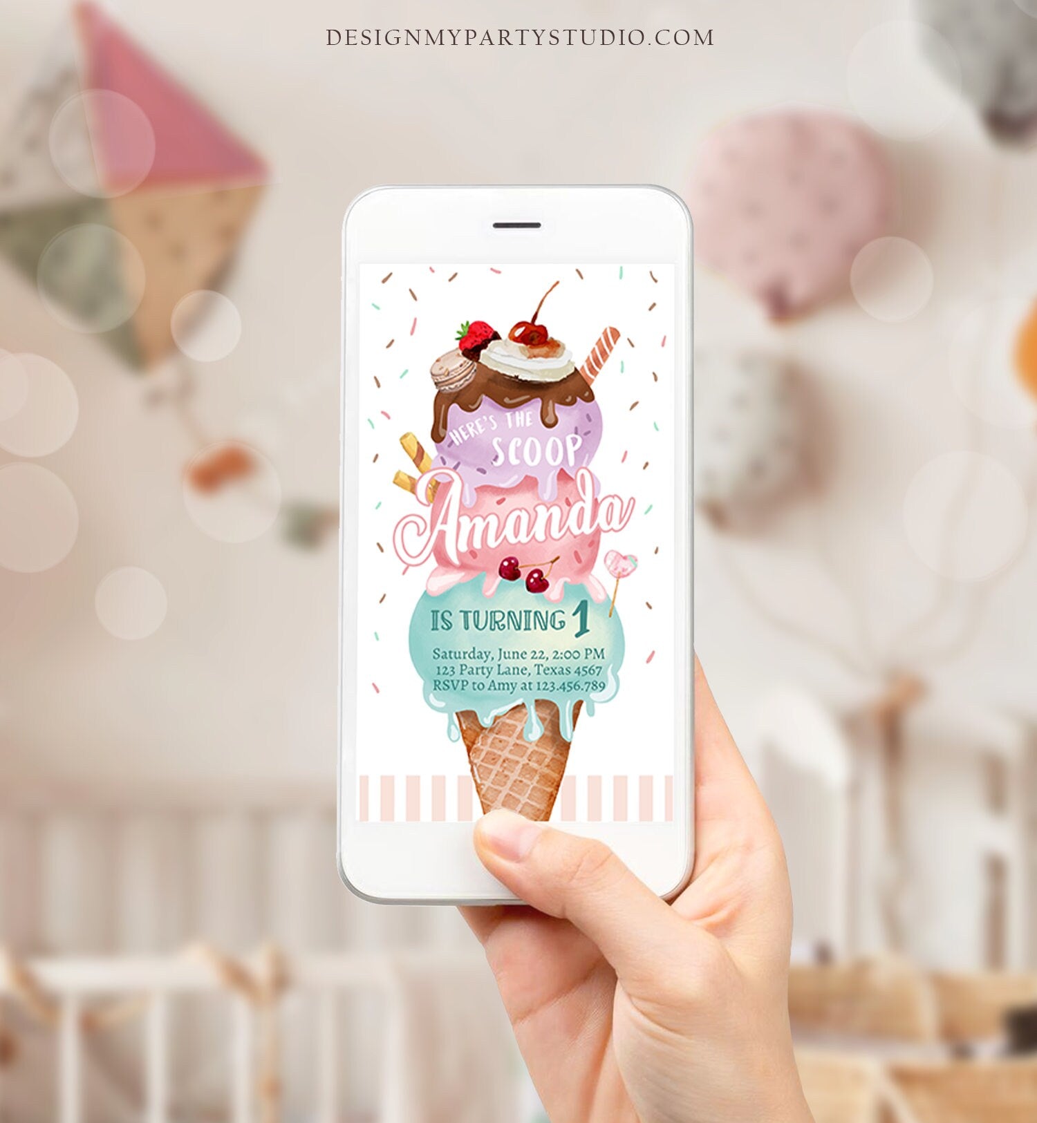 Editable Ice Cream Birthday Evite Ice Cream Truck Invite Modern Ice Cream Shoppe Here's The Scoop Girl Digital Phone Template Printable 0392