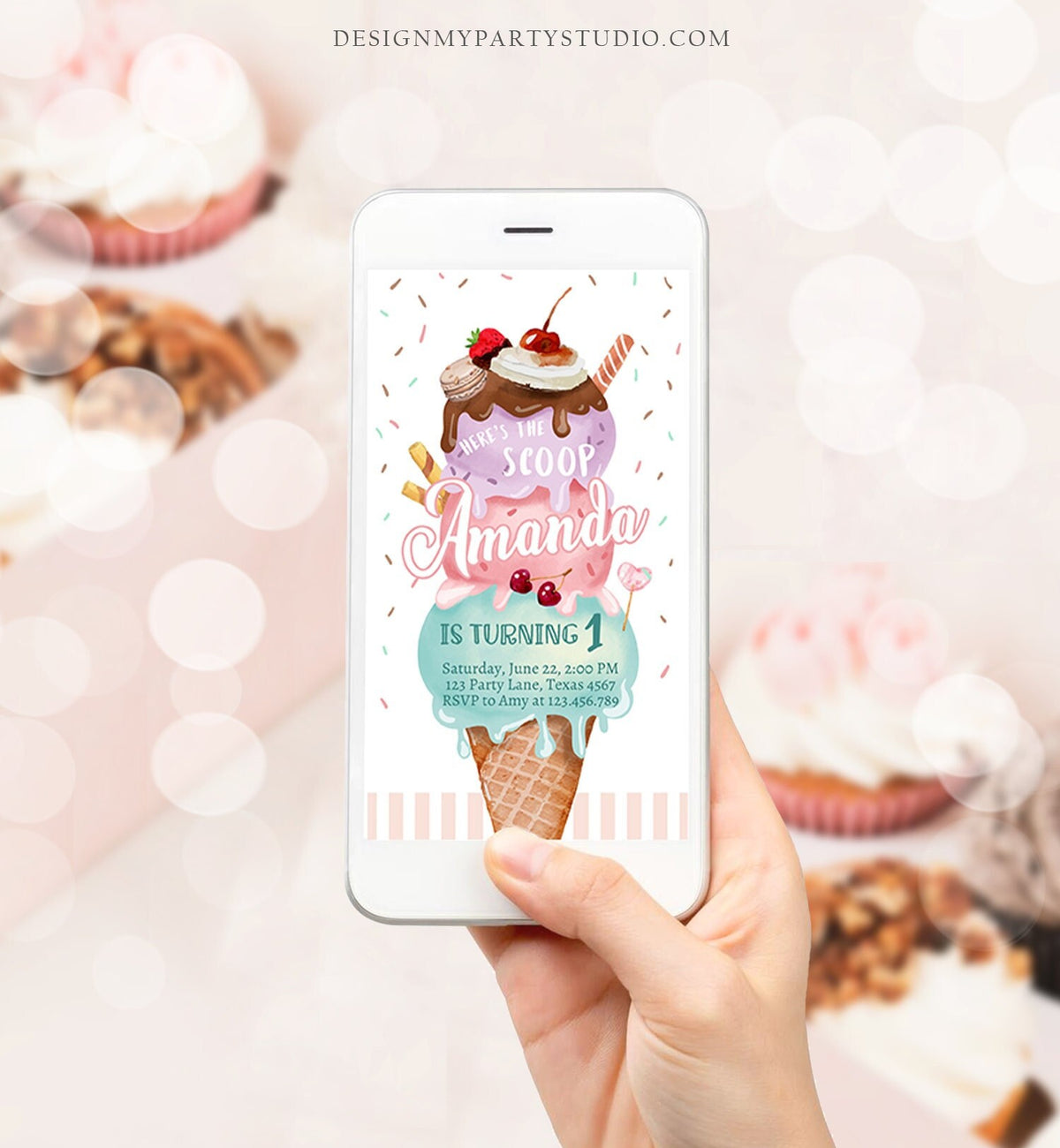 Editable Ice Cream Birthday Evite Ice Cream Truck Invite Modern Ice Cream Shoppe Here&#39;s The Scoop Girl Digital Phone Template Printable 0392