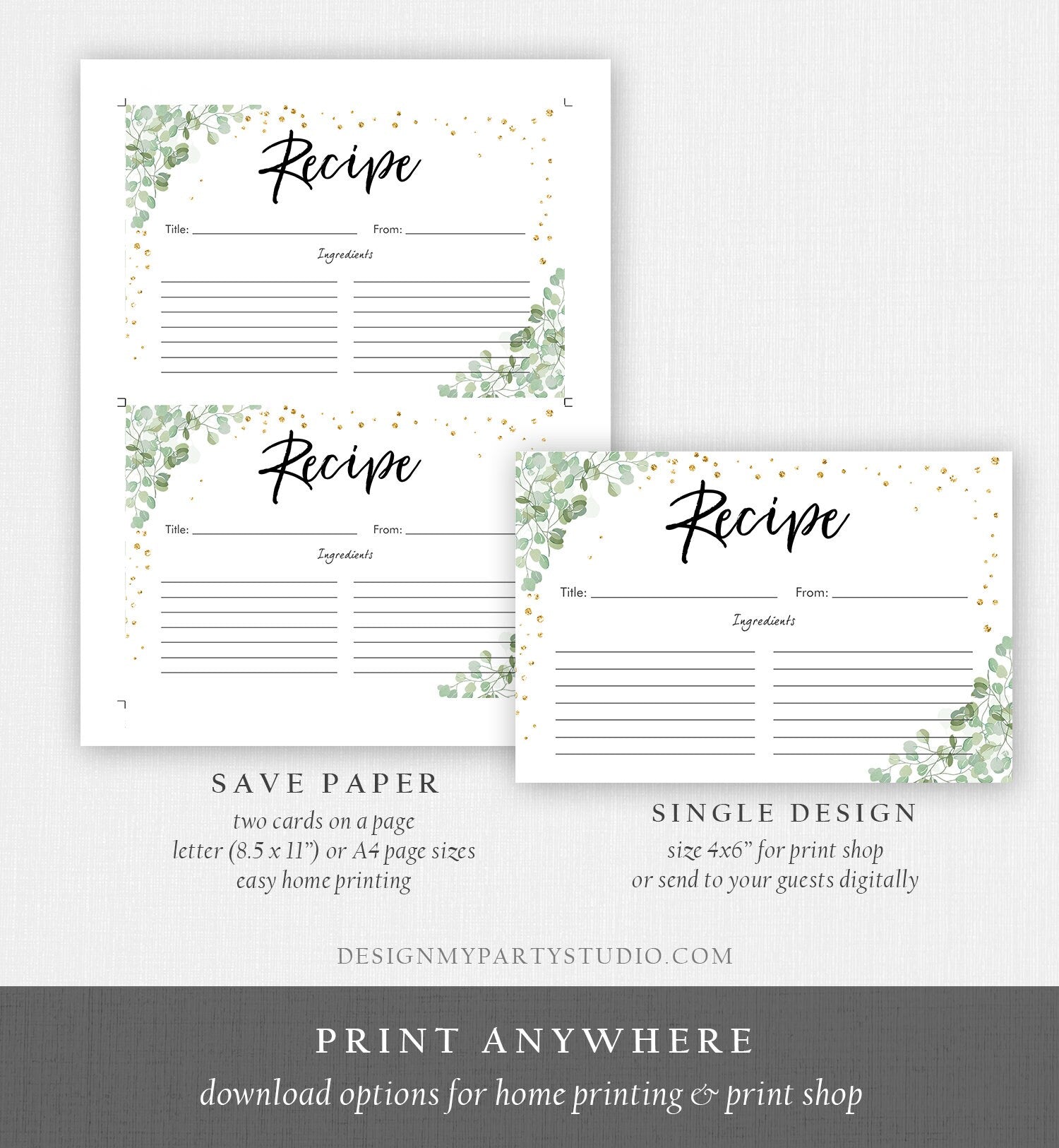 Editable Eucalyptus Recipe Card Travel Adventure Bridal Shower Traveling to Mrs Gold Greenery Bride Advice Download Template Printable 0030