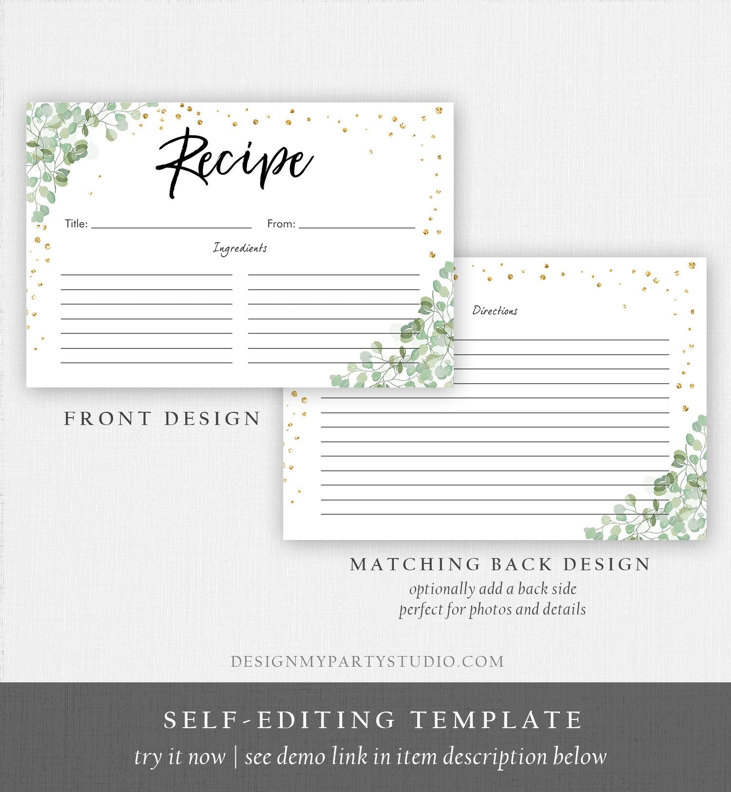 Editable Eucalyptus Recipe Card Travel Adventure Bridal Shower Traveling to Mrs Gold Greenery Bride Advice Download Template Printable 0030