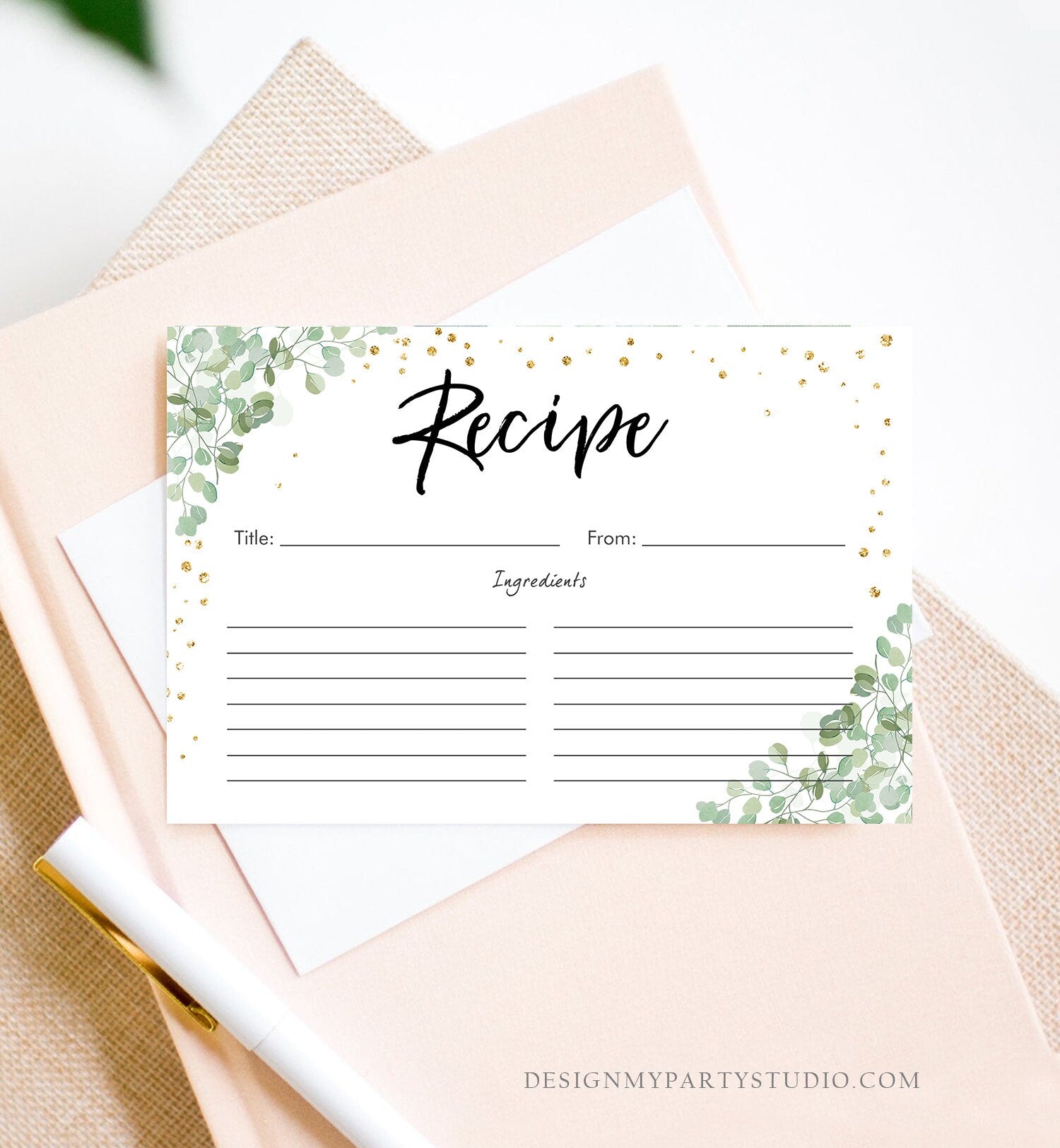 Editable Eucalyptus Recipe Card Travel Adventure Bridal Shower Traveling to Mrs Gold Greenery Bride Advice Download Template Printable 0030