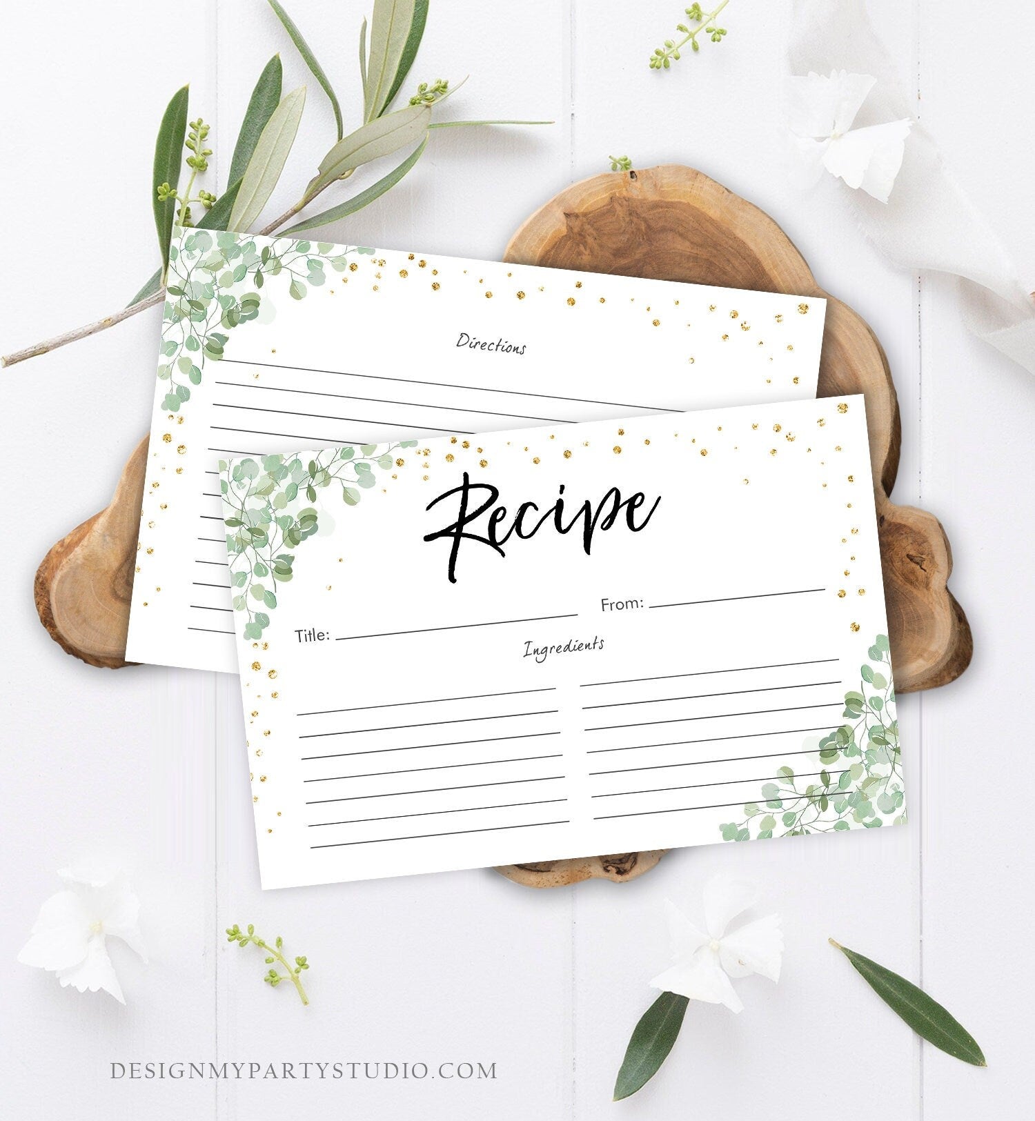 Editable Eucalyptus Recipe Card Travel Adventure Bridal Shower Traveling to Mrs Gold Greenery Bride Advice Download Template Printable 0030