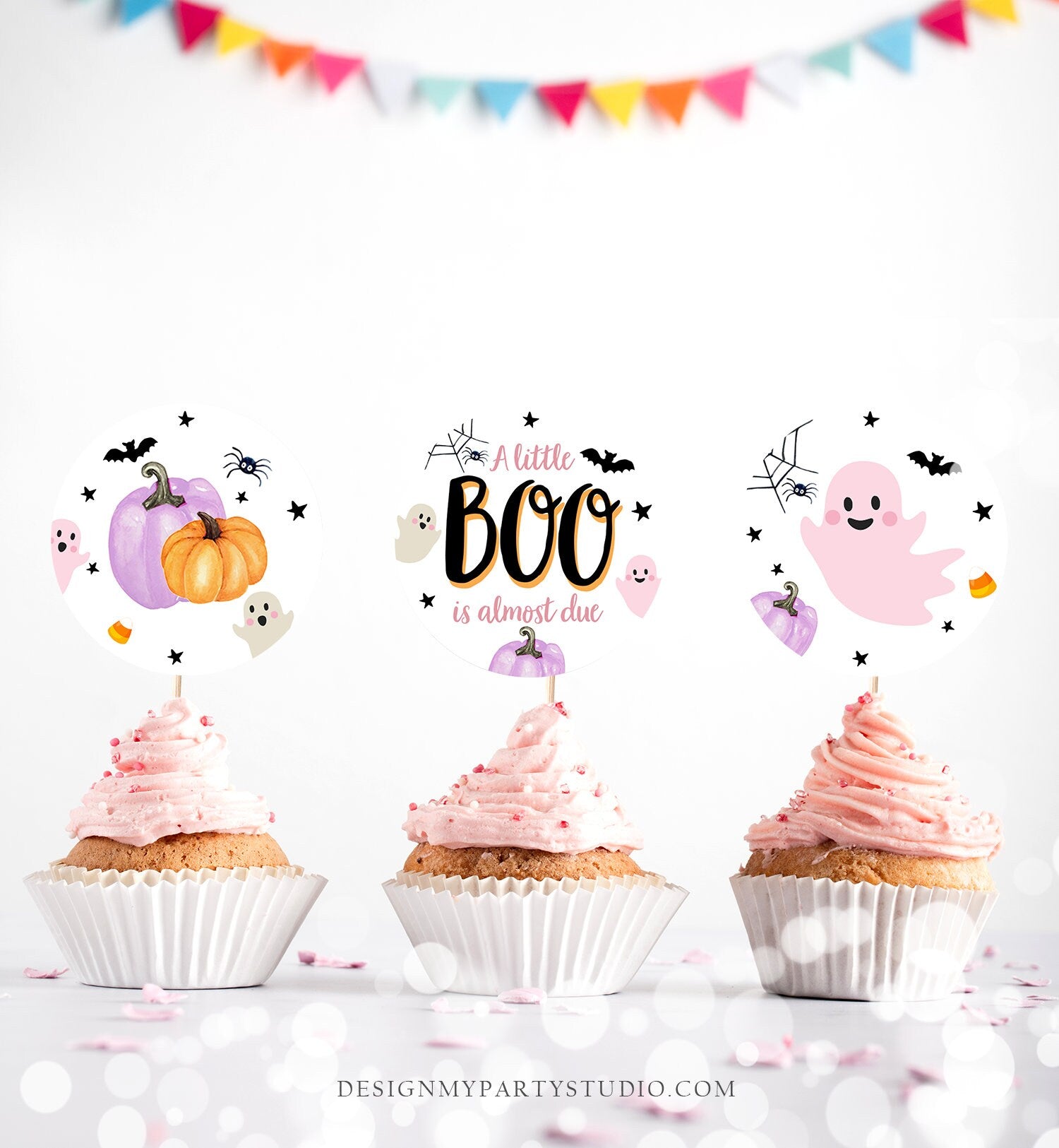 Little Boo Baby Shower Cupcake Toppers Favor Tags Halloween Baby Shower Ghost Party Lavender Pink Girl Digital Download Printable 0418