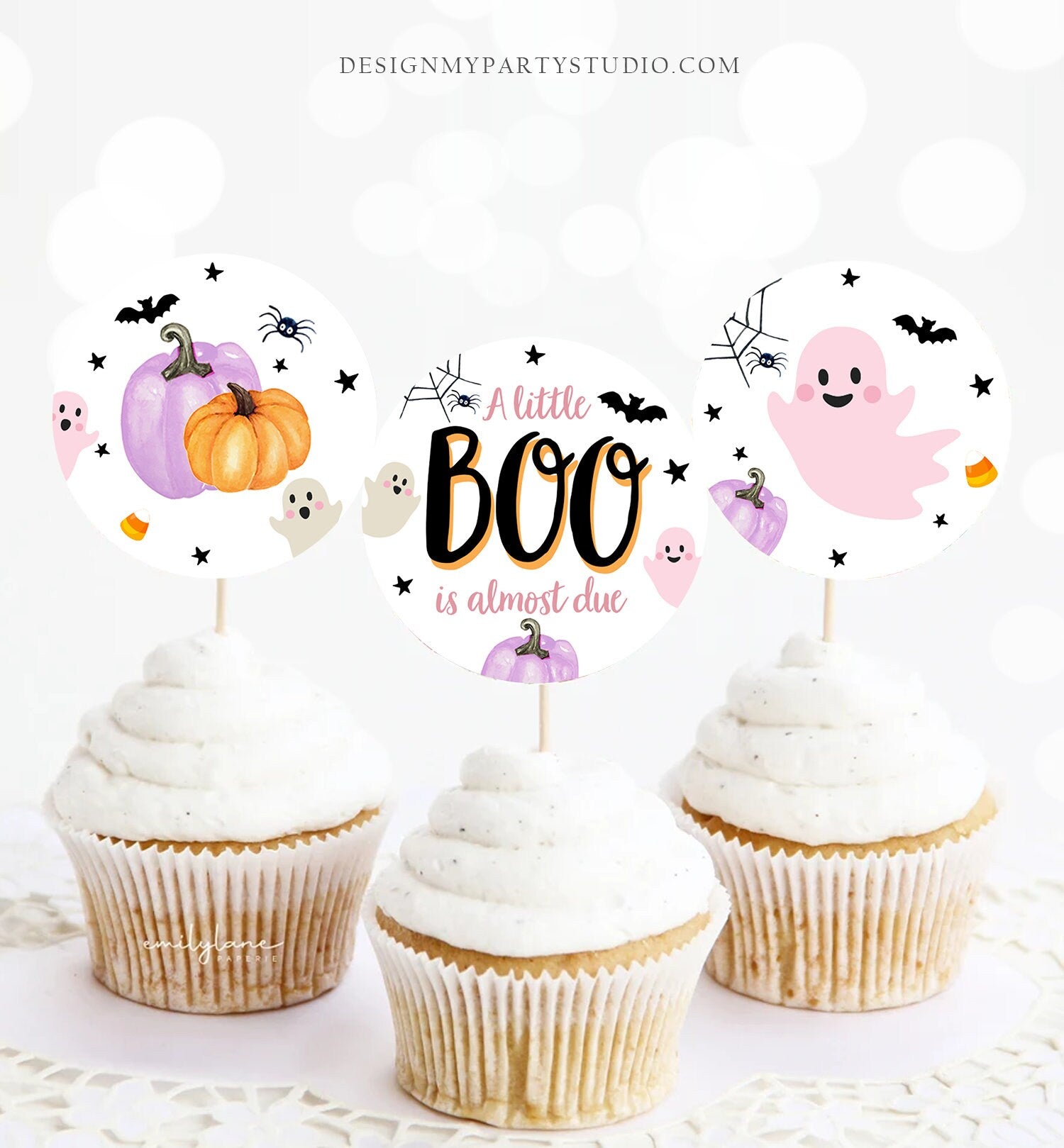 Little Boo Baby Shower Cupcake Toppers Favor Tags Halloween Baby Shower Ghost Party Lavender Pink Girl Digital Download Printable 0418