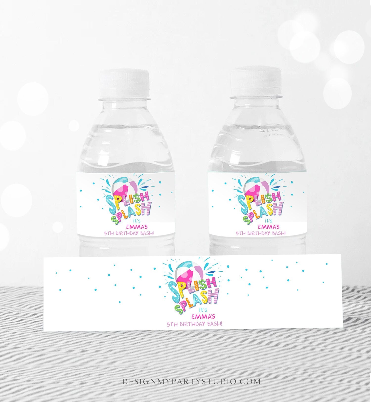 Editable Pool Party Water Bottle Labels Splish Splash Birthday Party Girl Pool Party Beach Ball Bash Download Printable Template Corjl 0169