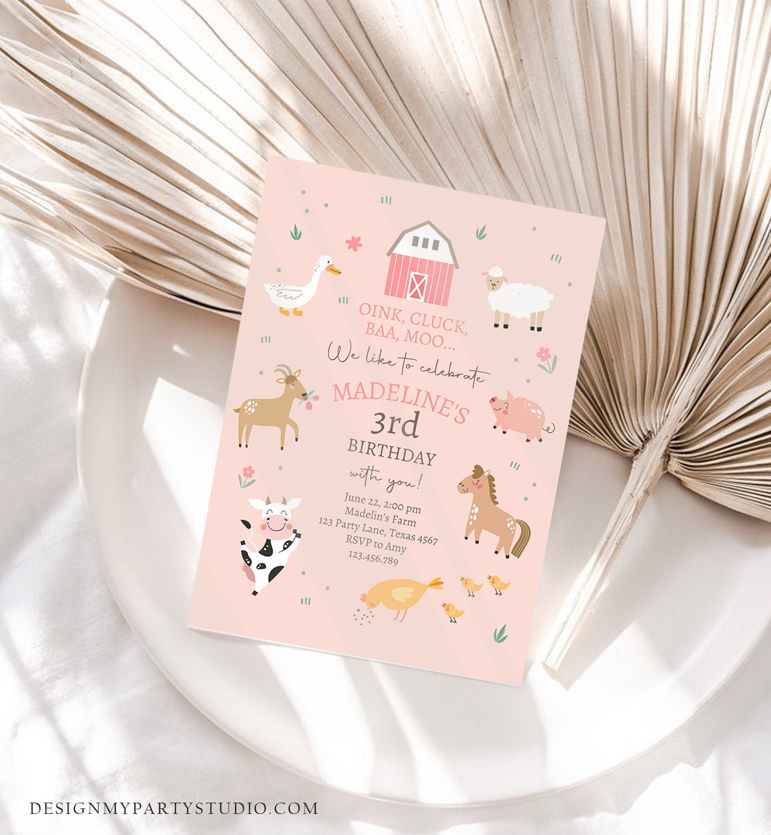 Editable Farm Birthday Invitation Girl Farm Animals Pink Barnyard Party Modern Pastel Download Printable Invite Template Digital Corjl 0436