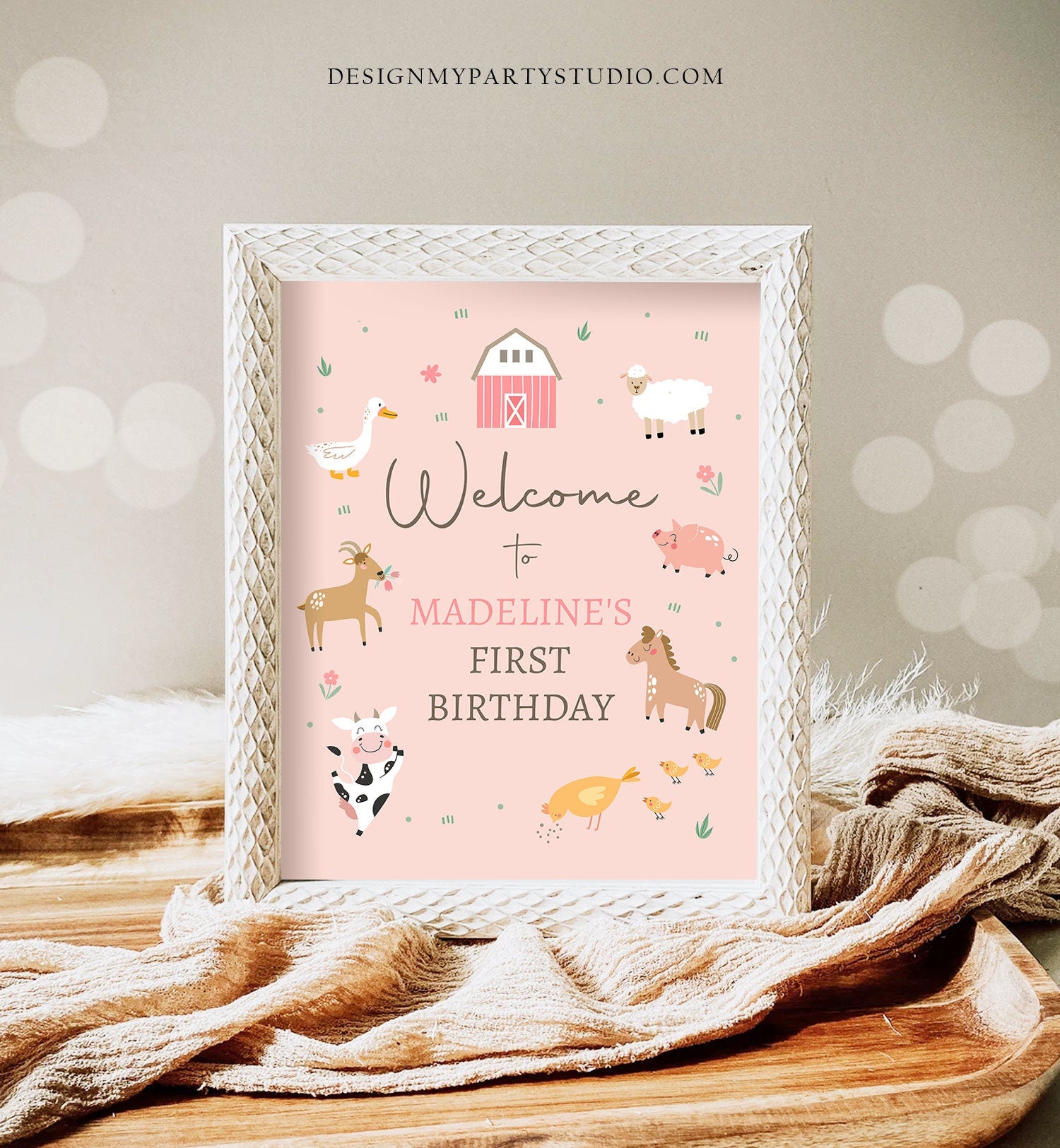 Editable Pink Farm Birthday Welcome Sign Barnyard Birthday Welcome Sign Farm Animals Birthday Sign Girl Modern Template Corjl PRINTABLE 0436