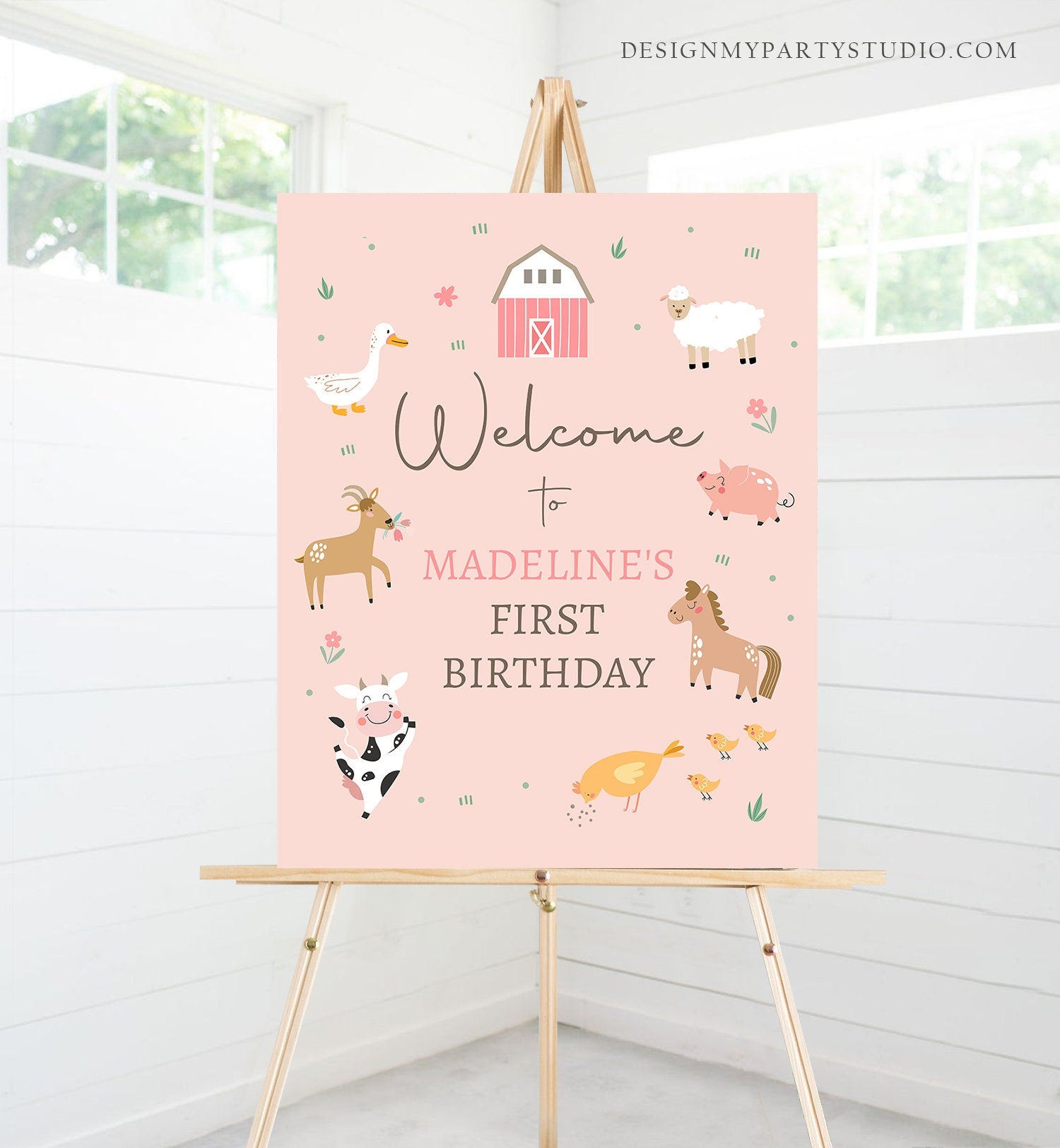 Editable Pink Farm Birthday Welcome Sign Barnyard Birthday Welcome Sign Farm Animals Birthday Sign Girl Modern Template Corjl PRINTABLE 0436