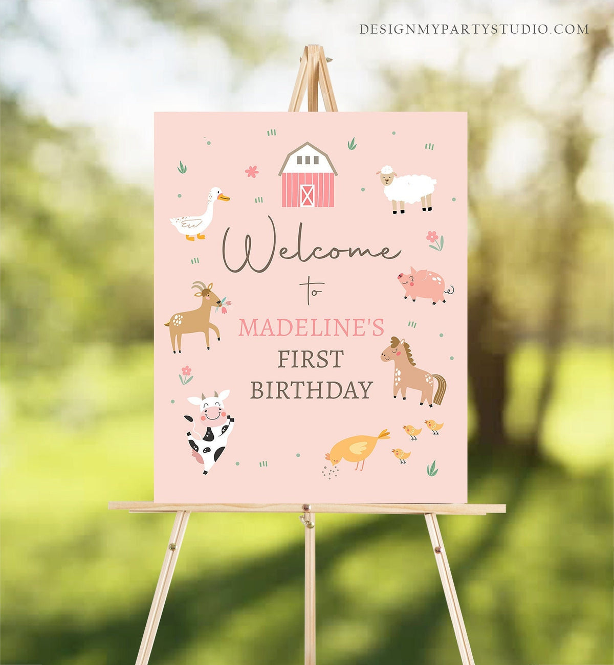 Editable Pink Farm Birthday Welcome Sign Barnyard Birthday Welcome Sign Farm Animals Birthday Sign Girl Modern Template Corjl PRINTABLE 0436