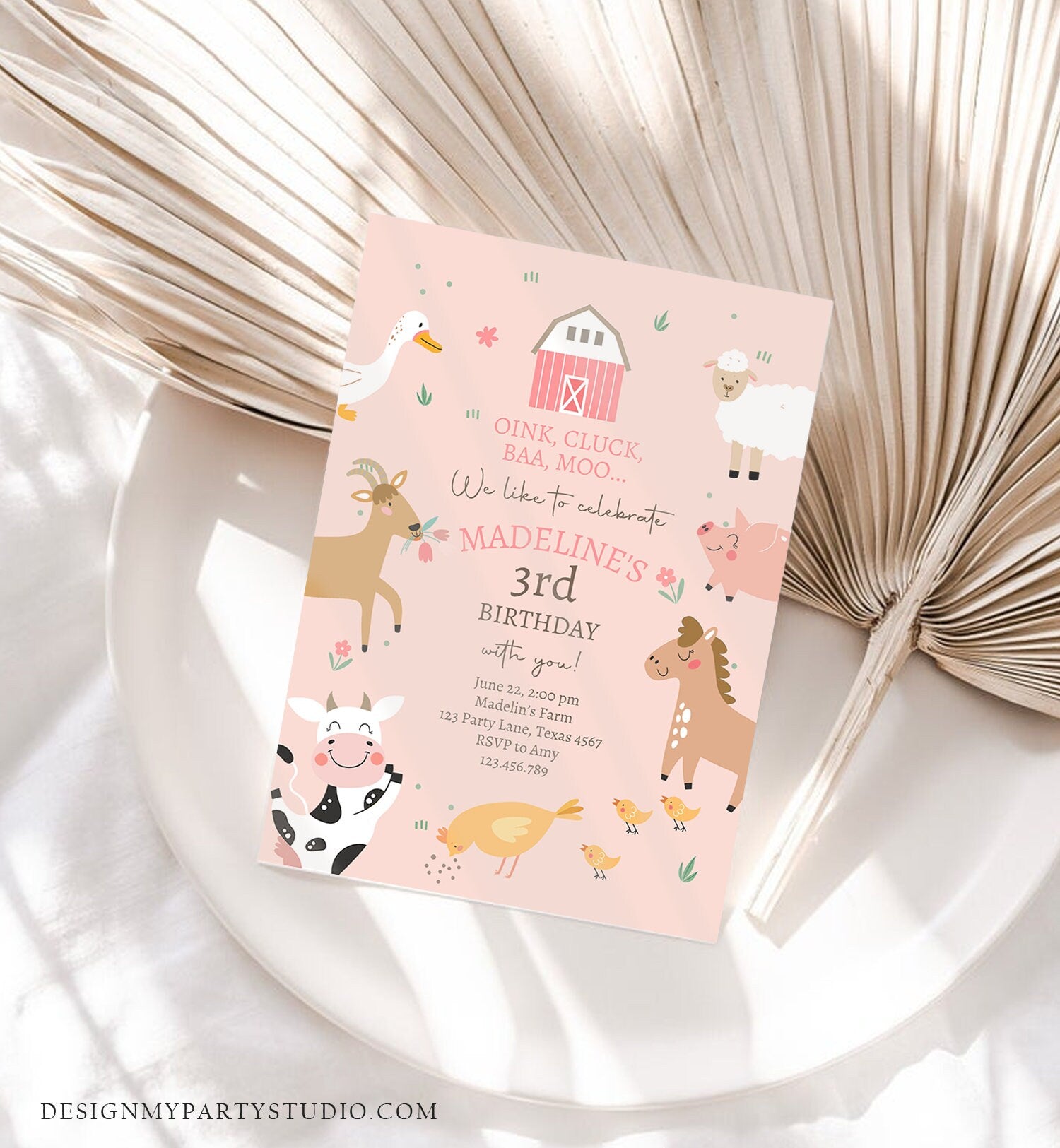 Editable Farm Birthday Invitation Girl Farm Animals Pink Barnyard Party Modern Pastel Download Printable Invite Template Digital Evite 0436