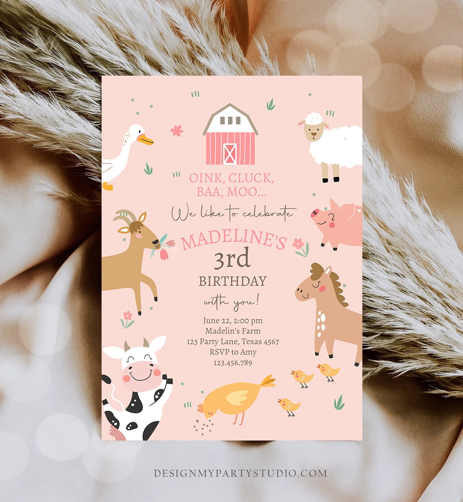 Editable Farm Birthday Invitation Girl Farm Animals Pink Barnyard Party Modern Pastel Download Printable Invite Template Digital Evite 0436