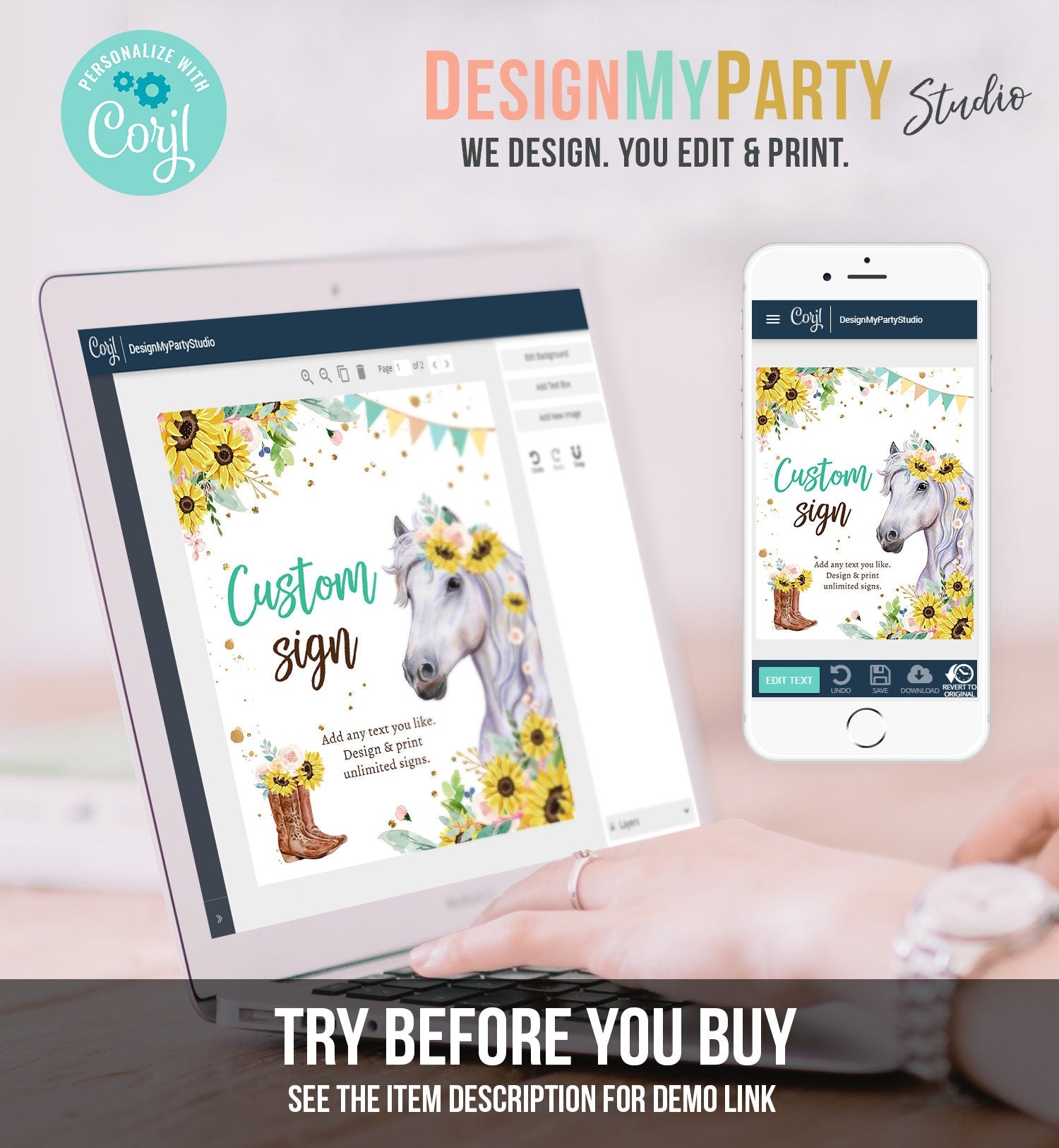 Editable Custom Horse Birthday Party Sign Saddle Up Cowgirl Party Sign Sunflowers Horse Girl Table Sign 8x10 Corjl Template Printable 0408