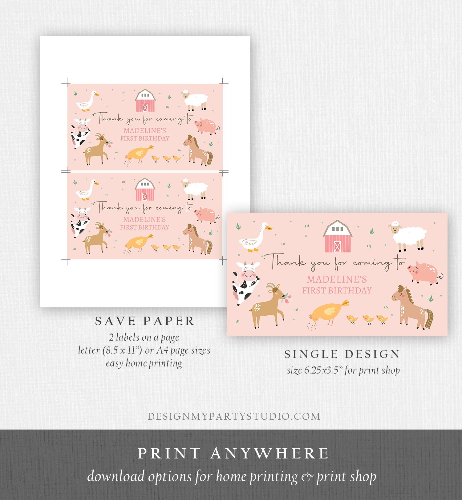 Editable Farm Animals Gable Gift Box Label Pink Farm Birthday Girl Treat Box Label Pink Barnyard Party Modern Digital Printable Corjl 0436