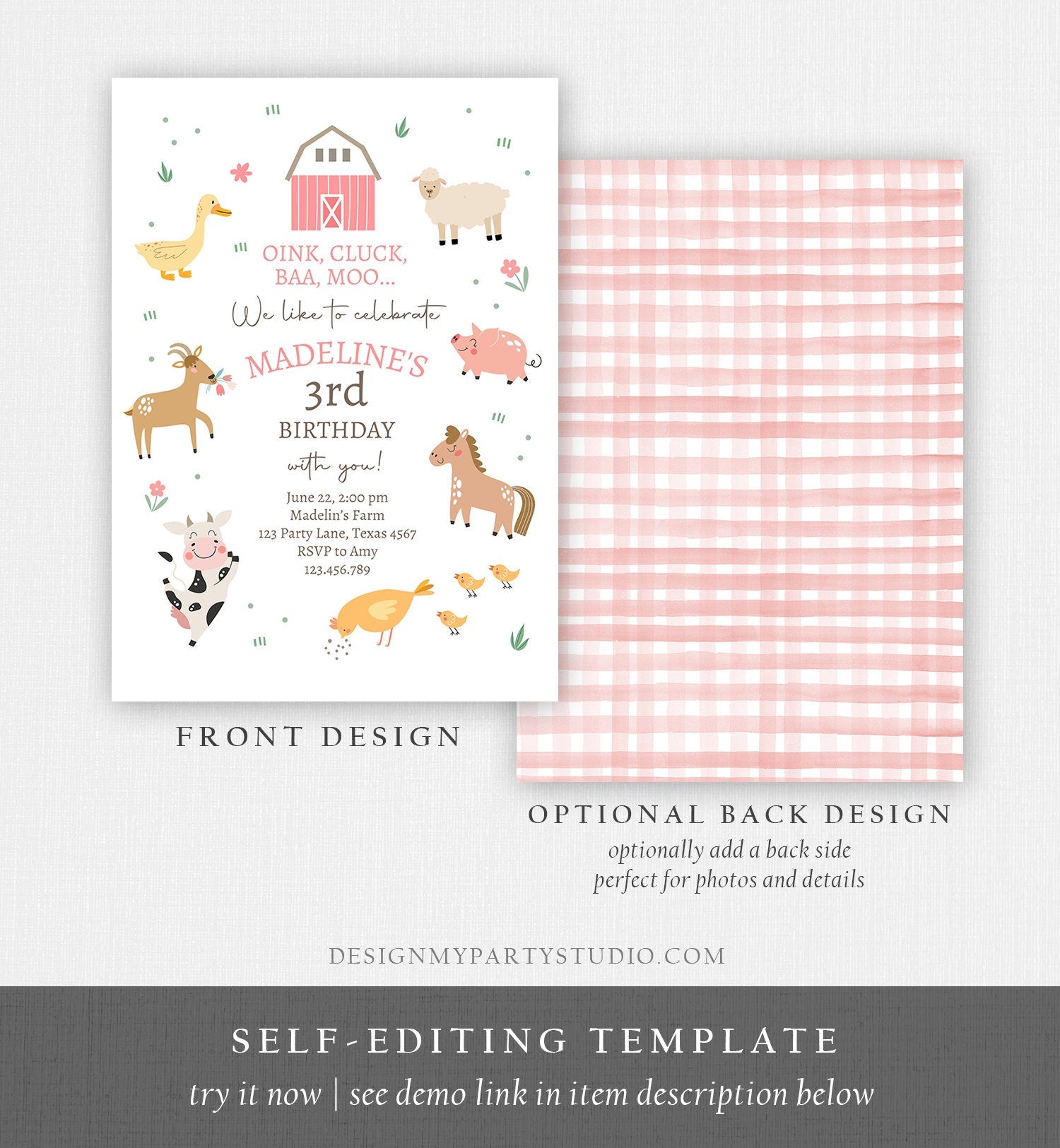 Editable Farm Birthday Invitation Girl Farm Animals Pink Barnyard Party Modern Pastel Download Printable Invite Template Digital Corjl 0436