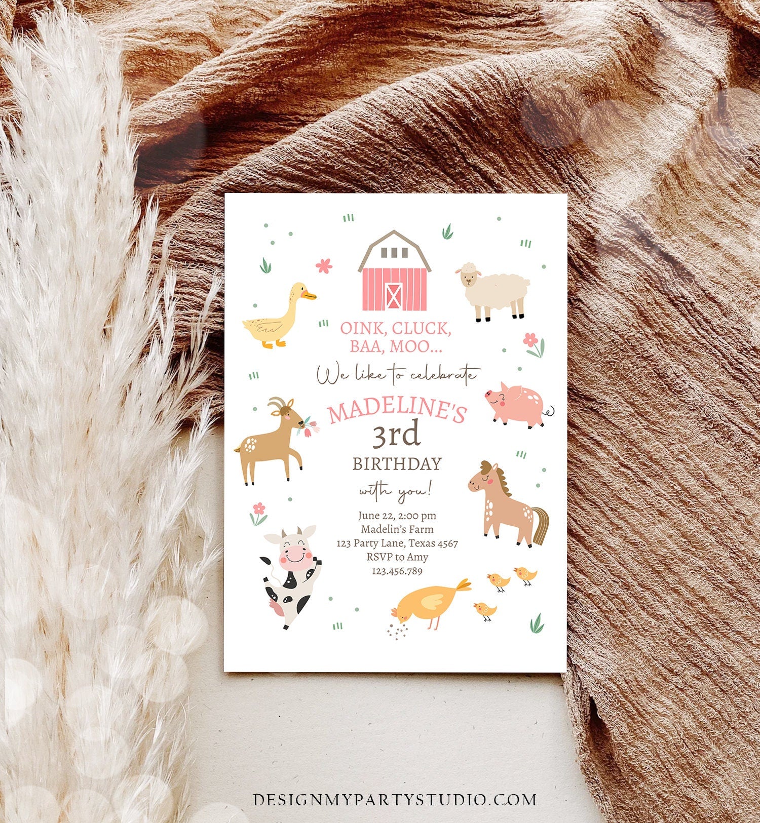 Editable Farm Birthday Invitation Girl Farm Animals Pink Barnyard Party Modern Pastel Download Printable Invite Template Digital Corjl 0436