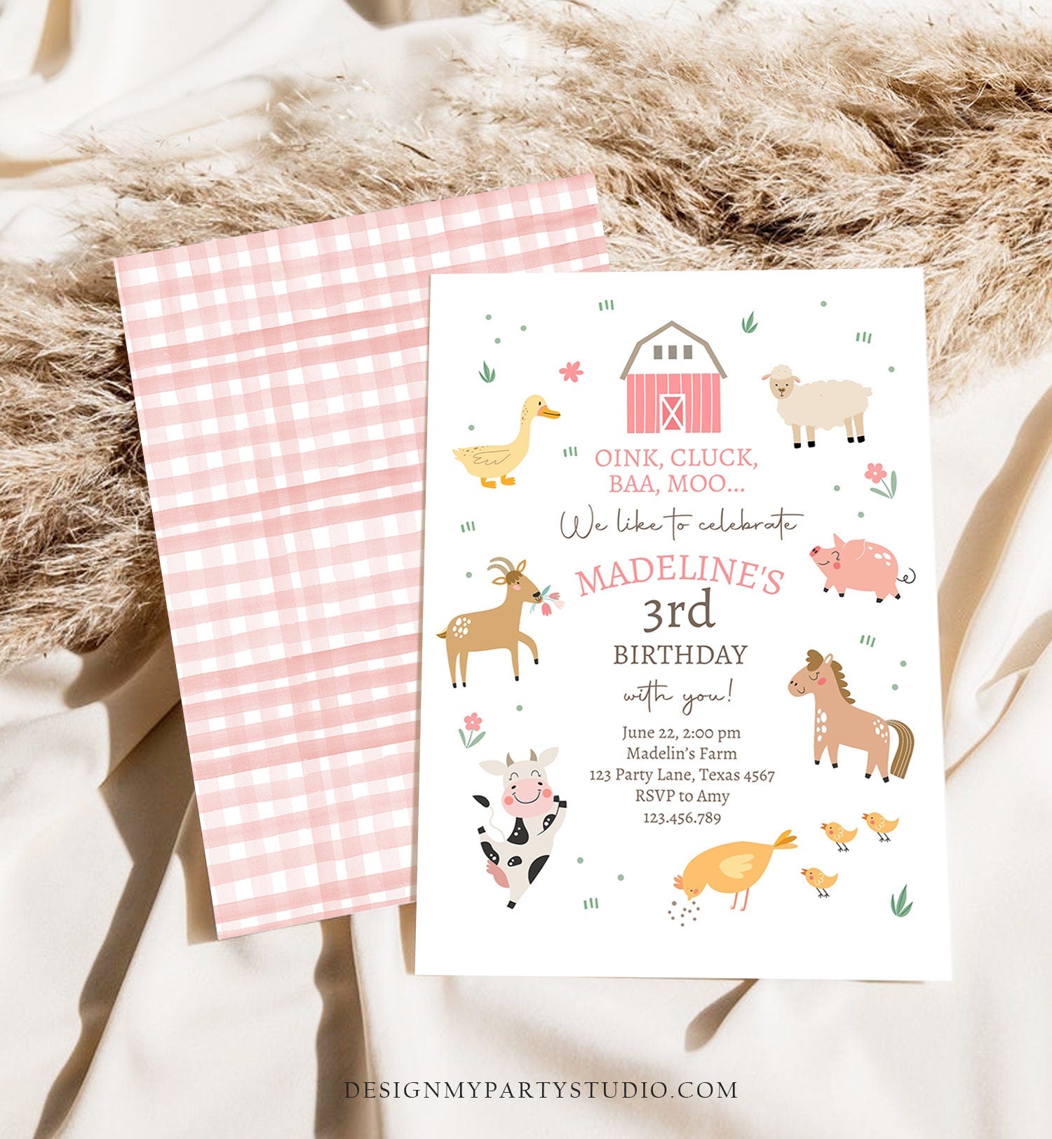 Editable Farm Birthday Invitation Girl Farm Animals Pink Barnyard Party Modern Pastel Download Printable Invite Template Digital Corjl 0436