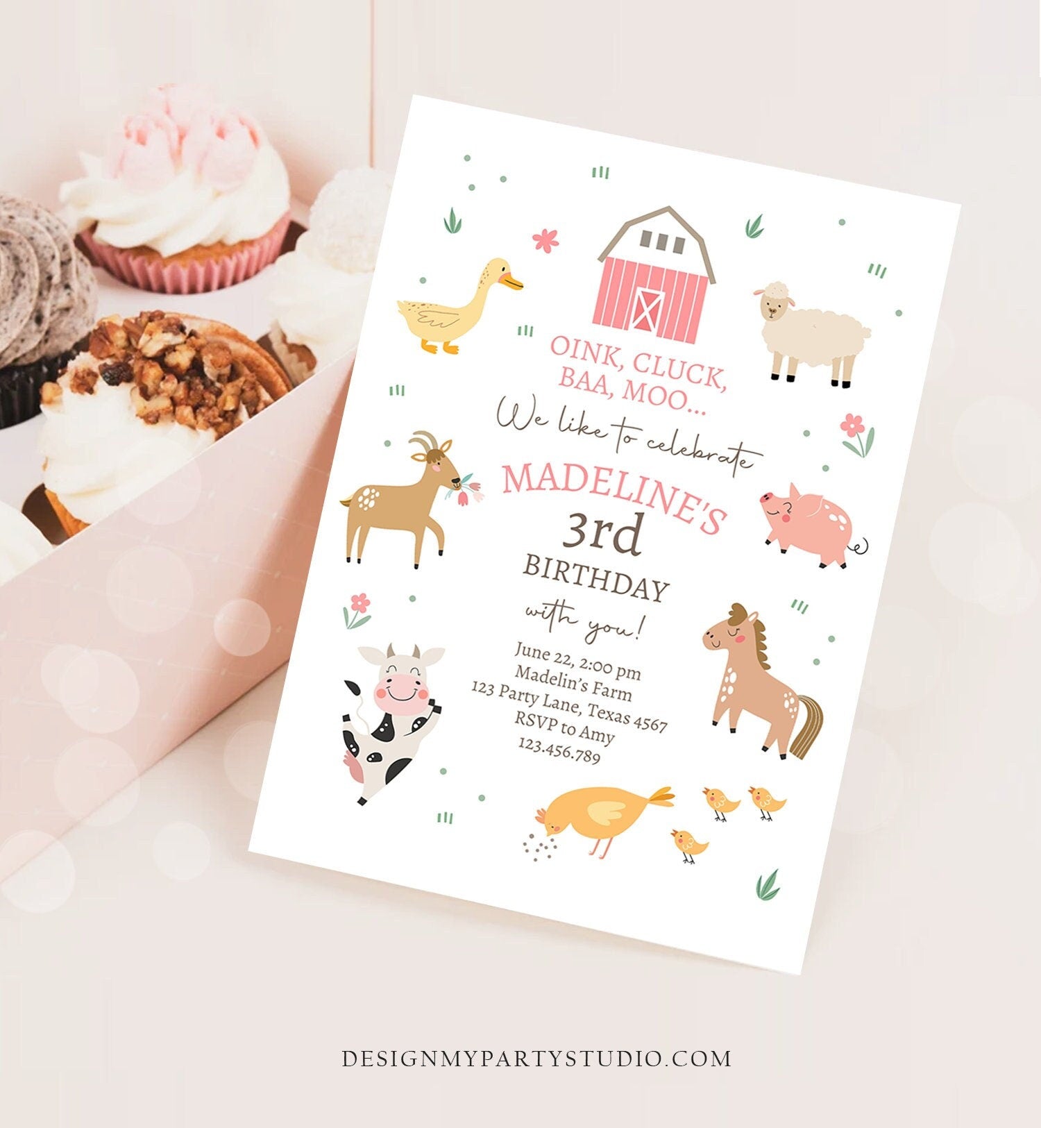 Editable Farm Birthday Invitation Girl Farm Animals Pink Barnyard Party Modern Pastel Download Printable Invite Template Digital Corjl 0436