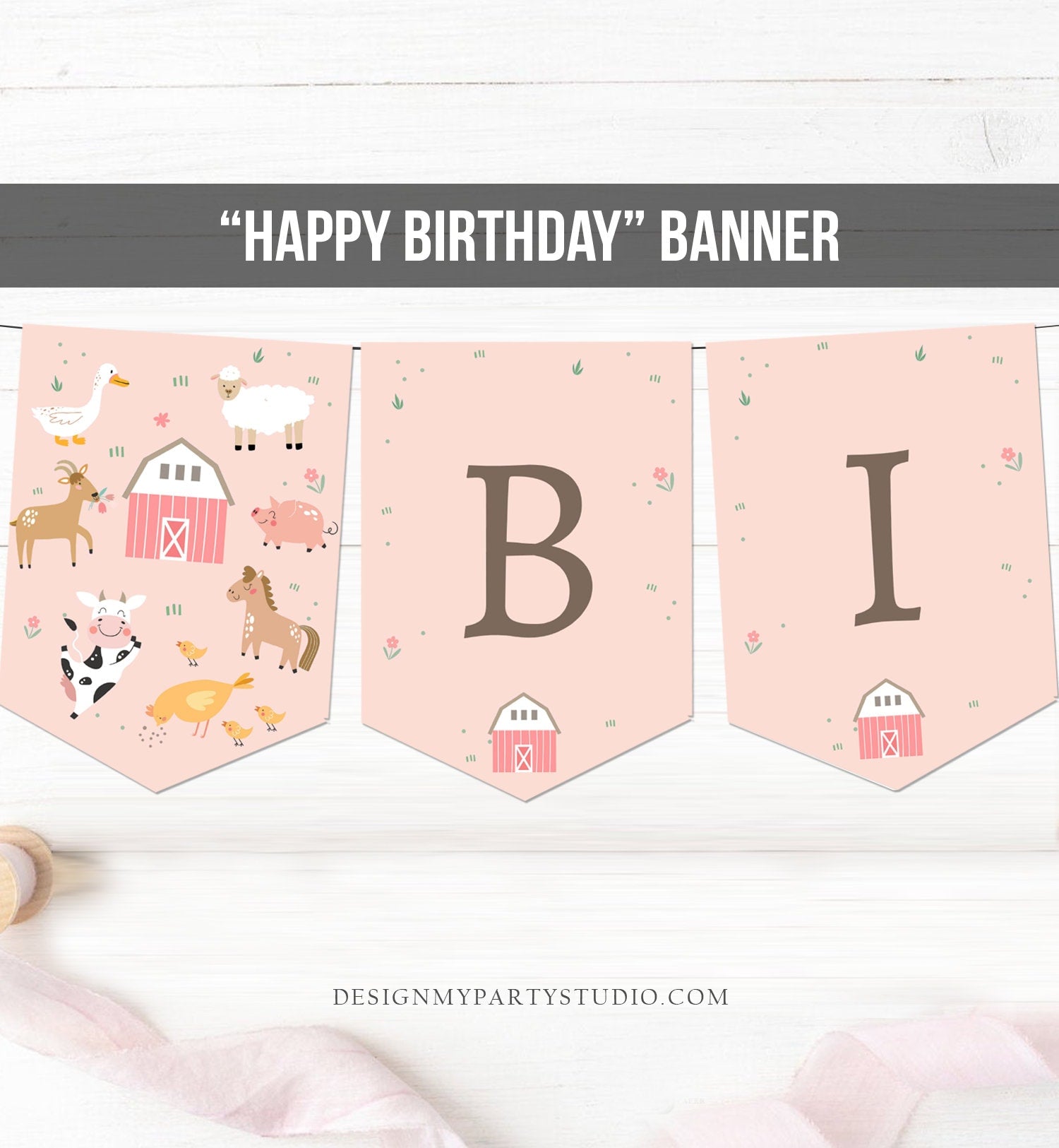 Happy Birthday Banner Pink Farm Birthday Banner Farm Animals Girl Barnyard Birthday Decorations Instant Download PRINTABLE DIGITAL DIY 0436