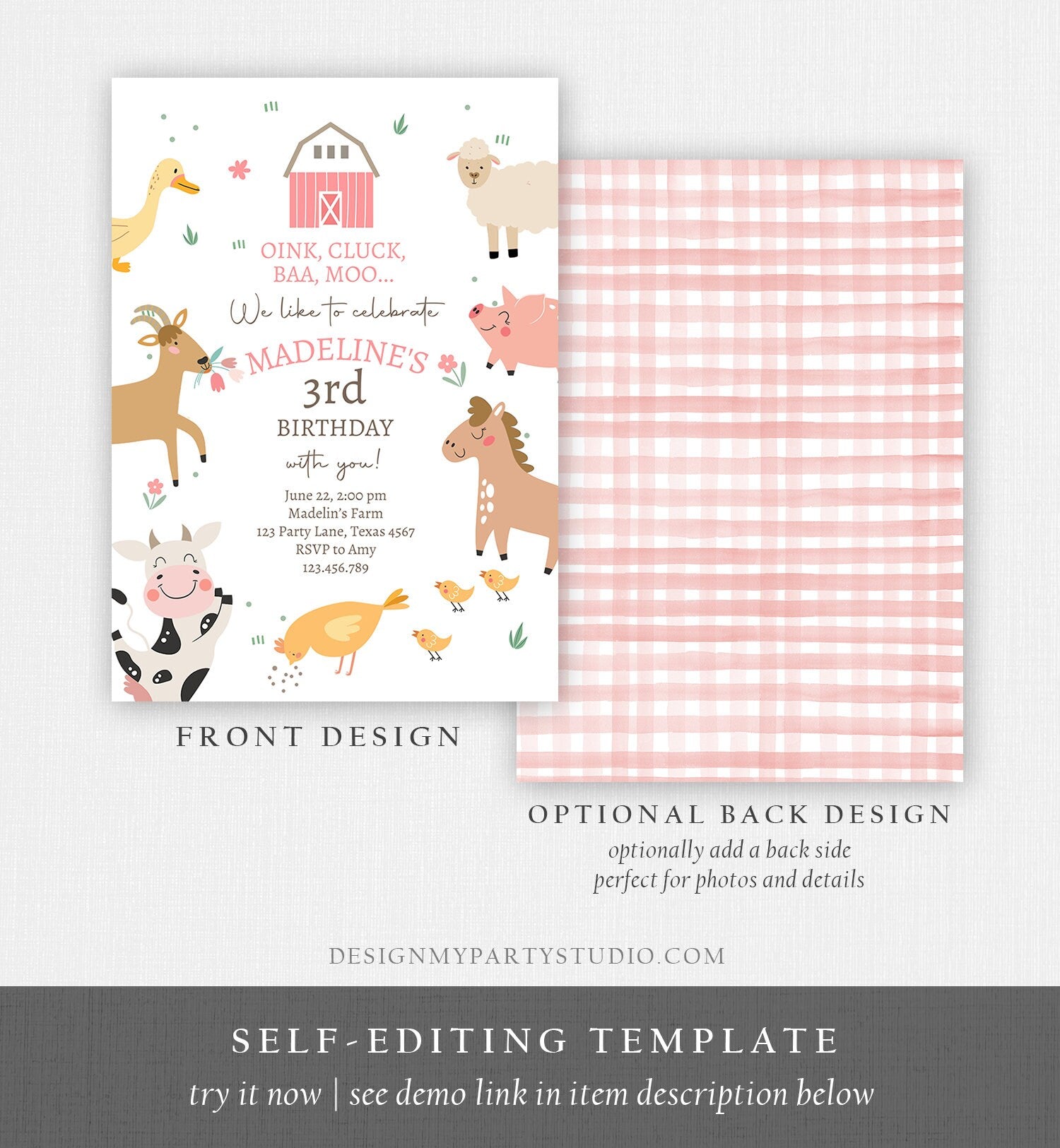 Editable Farm Birthday Invitation Girl Farm Animals Pink Barnyard Party Modern Pastel Download Printable Invite Template Digital Corjl 0436