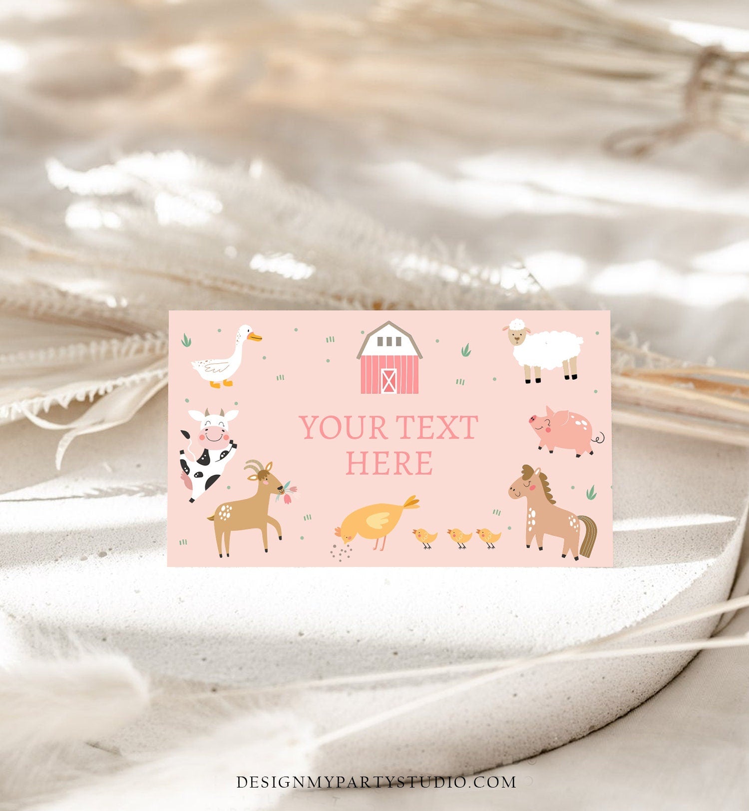 Editable Farm Animals Food Labels Barnyard Birthday Food Cards Tent Card Girl Pink Farm Cow Buffet Label Tent Card Template Corjl 0436