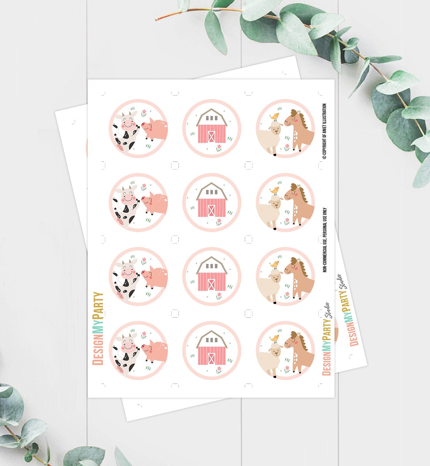 Pink Farm Birthday Cupcake Toppers Favor Tags Barnyard Birthday Party Decor Girl Farm Animals Sticker Modern download Digital PRINTABLE 0436