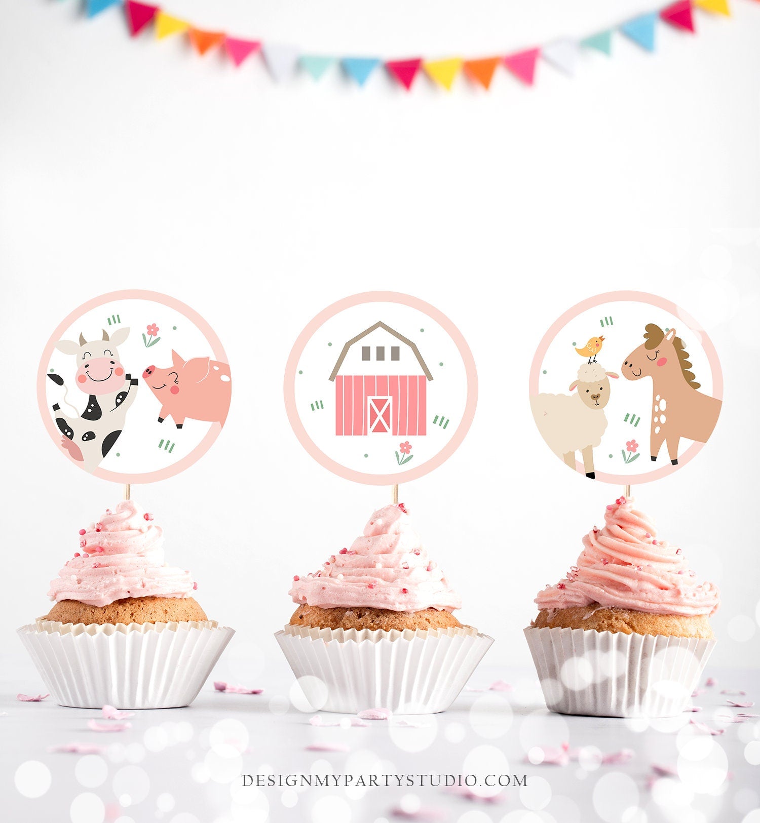 Pink Farm Birthday Cupcake Toppers Favor Tags Barnyard Birthday Party Decor Girl Farm Animals Sticker Modern download Digital PRINTABLE 0436