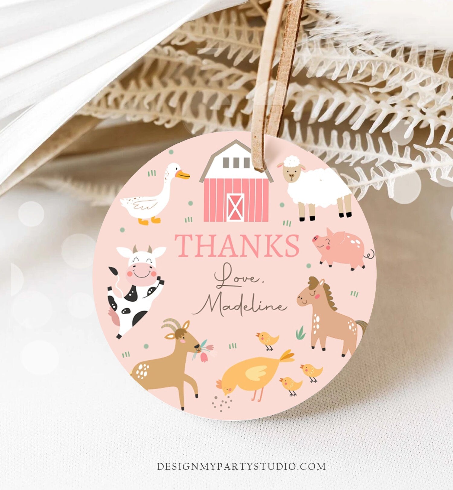 Editable Pink Farm Animals Thank you Tags Girl Birthday Barnyard Stickers Farm Birthday Decor Pink Favor Tags Cow Pig Template Corjl 0436