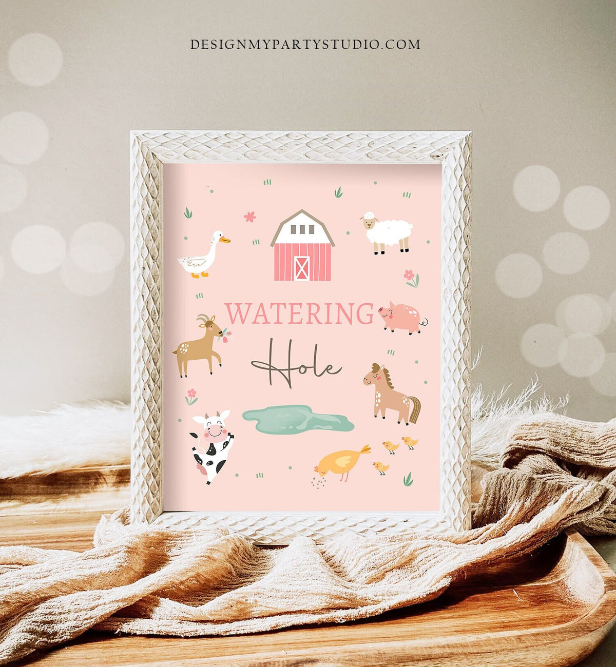 Watering Hole Birthday Sign Drink Table Decor Pink Farm Birthday Girl Farm Animals Table Sign Barnyard Decorations Drinks Printable 0436