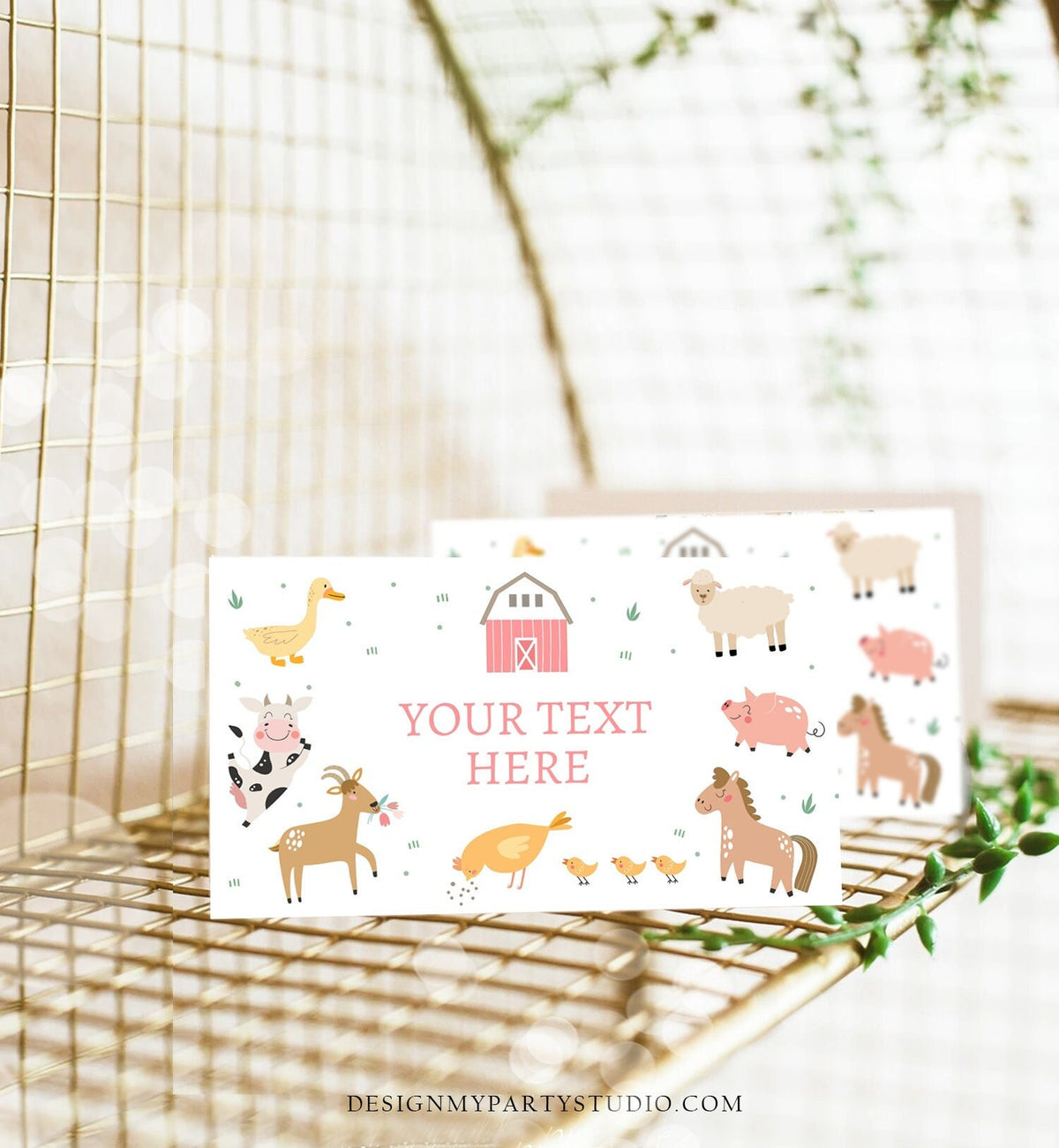 Editable Farm Animals Food Labels Barnyard Birthday Food Card Tent Card Girl Pink Farm Buffet Label Tent Card Corjl Template Printable 0436