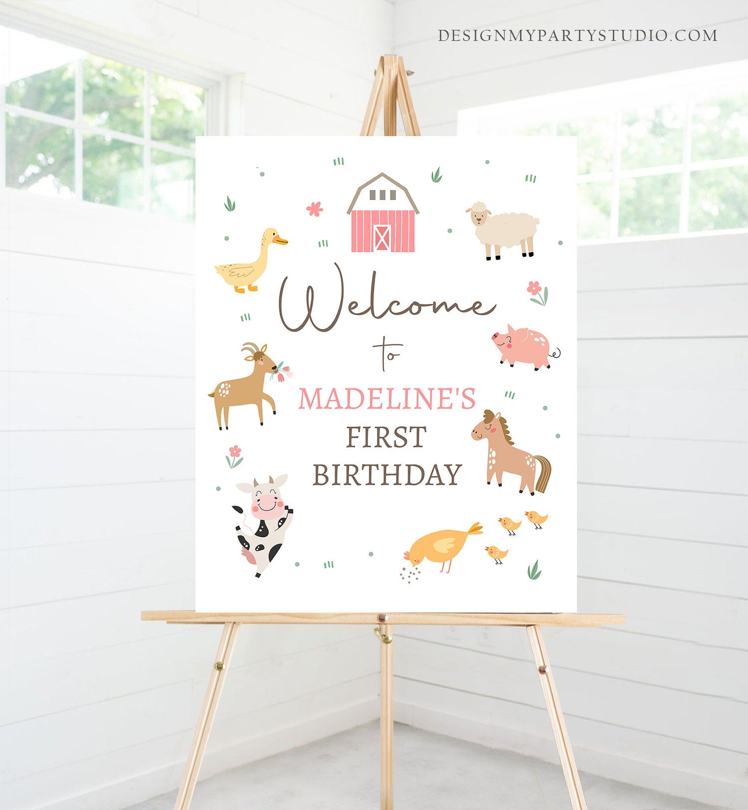 Editable Pink Farm Birthday Welcome Sign Barnyard Birthday Welcome Sign Farm Animals Birthday Sign Girl Modern Template Corjl PRINTABLE 0436