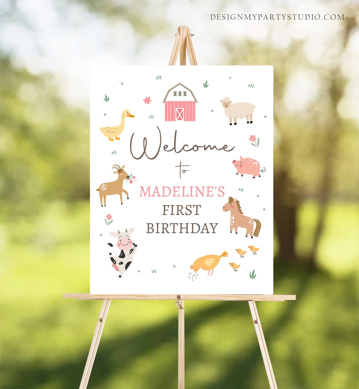 Editable Pink Farm Birthday Welcome Sign Barnyard Birthday Welcome Sign Farm Animals Birthday Sign Girl Modern Template Corjl PRINTABLE 0436