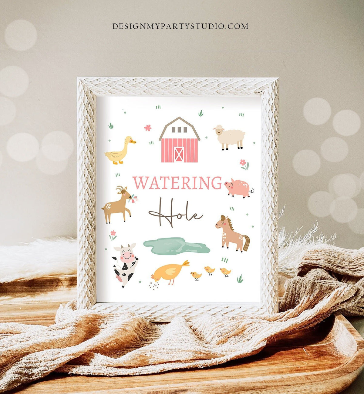 Watering Hole Birthday Sign Drink Table Decor Pink Farm Birthday Girl Farm Animals Table Sign Barnyard Decorations Drinks Printable 0436