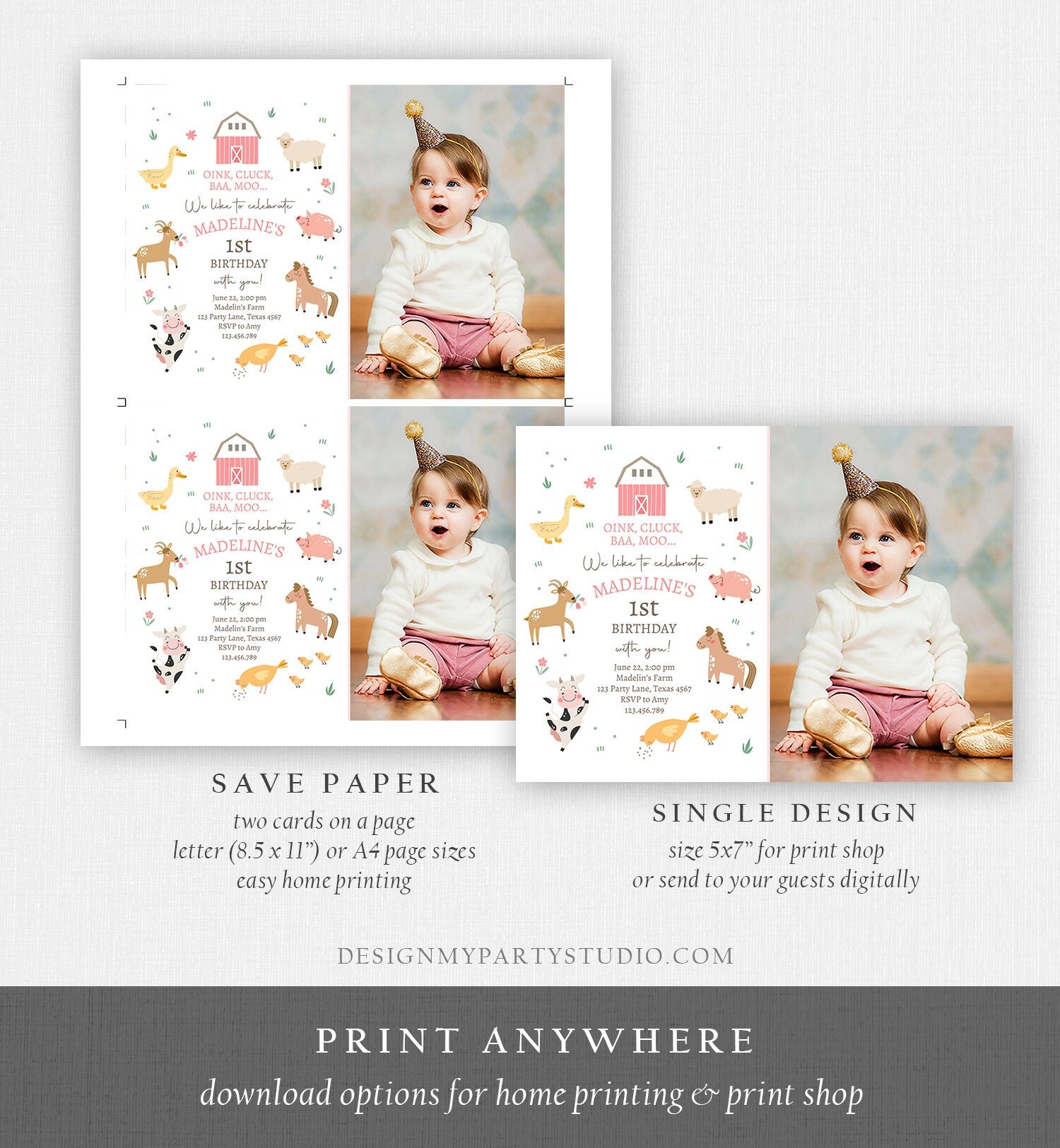 Editable Farm Birthday Invitation Girl Farm Animals Pink Barnyard Party Modern Pastel Download Printable Invite Template Digital Corjl 0436