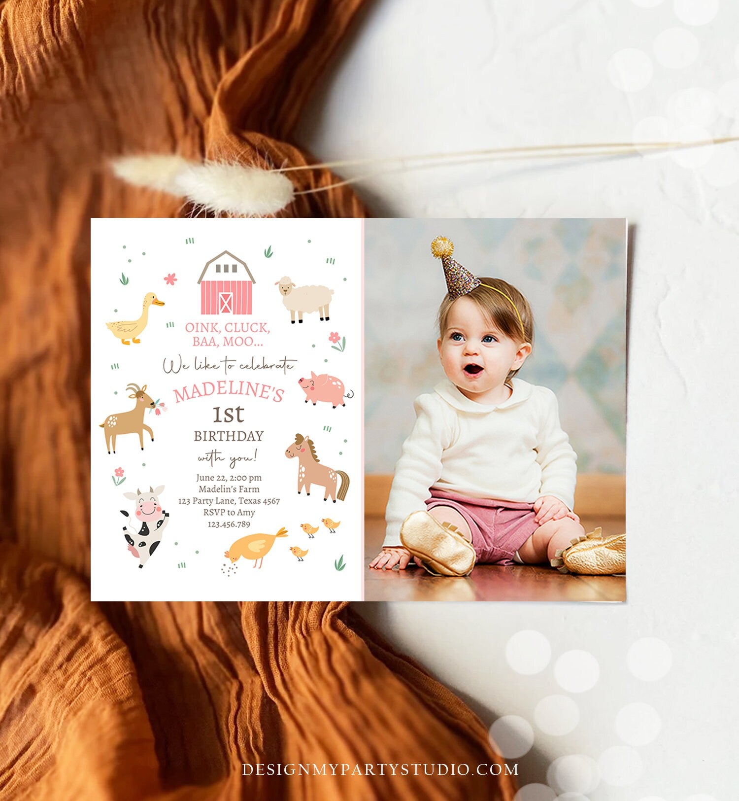 Editable Farm Birthday Invitation Girl Farm Animals Pink Barnyard Party Modern Pastel Download Printable Invite Template Digital Corjl 0436