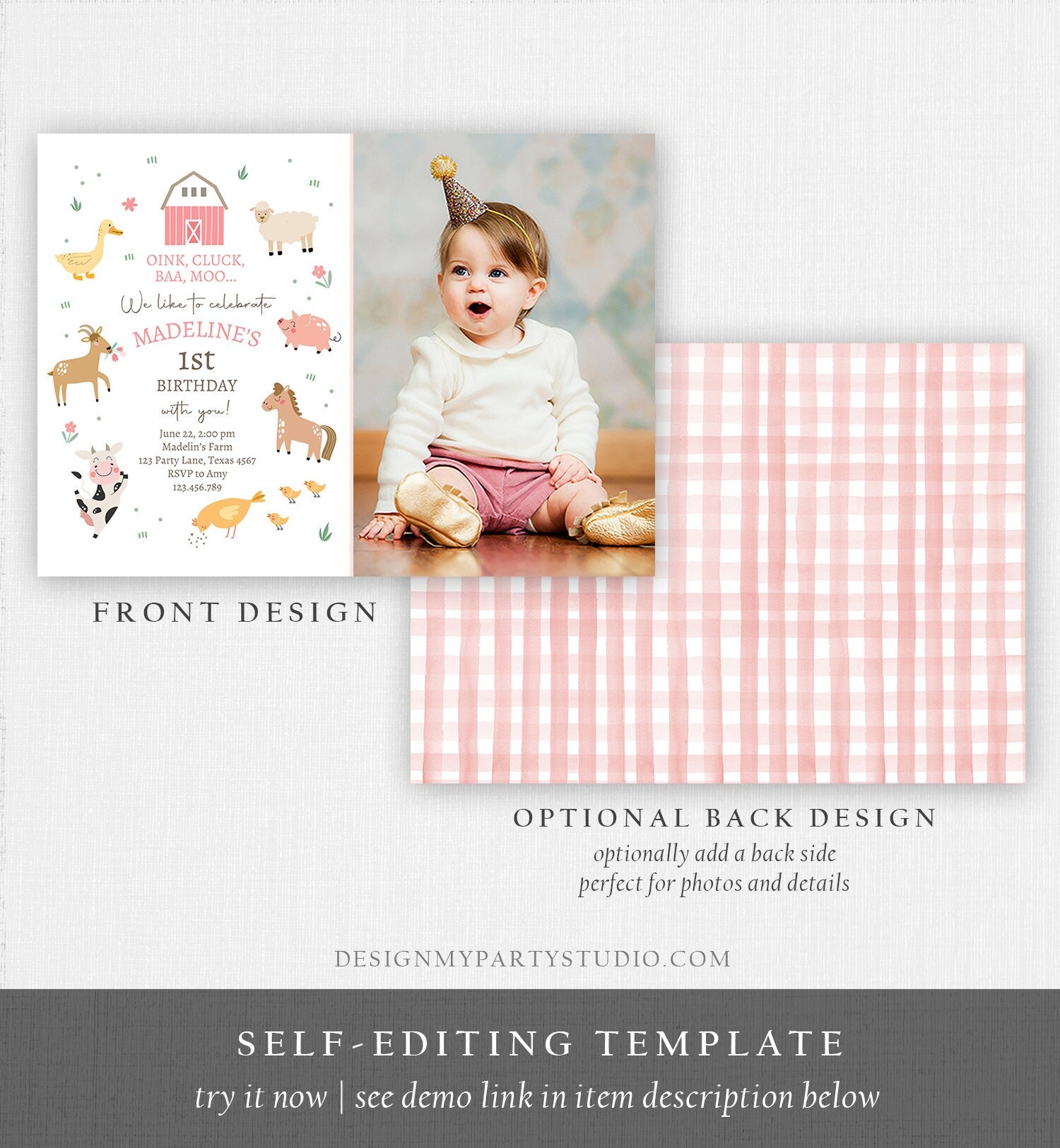 Editable Farm Birthday Invitation Girl Farm Animals Pink Barnyard Party Modern Pastel Download Printable Invite Template Digital Corjl 0436