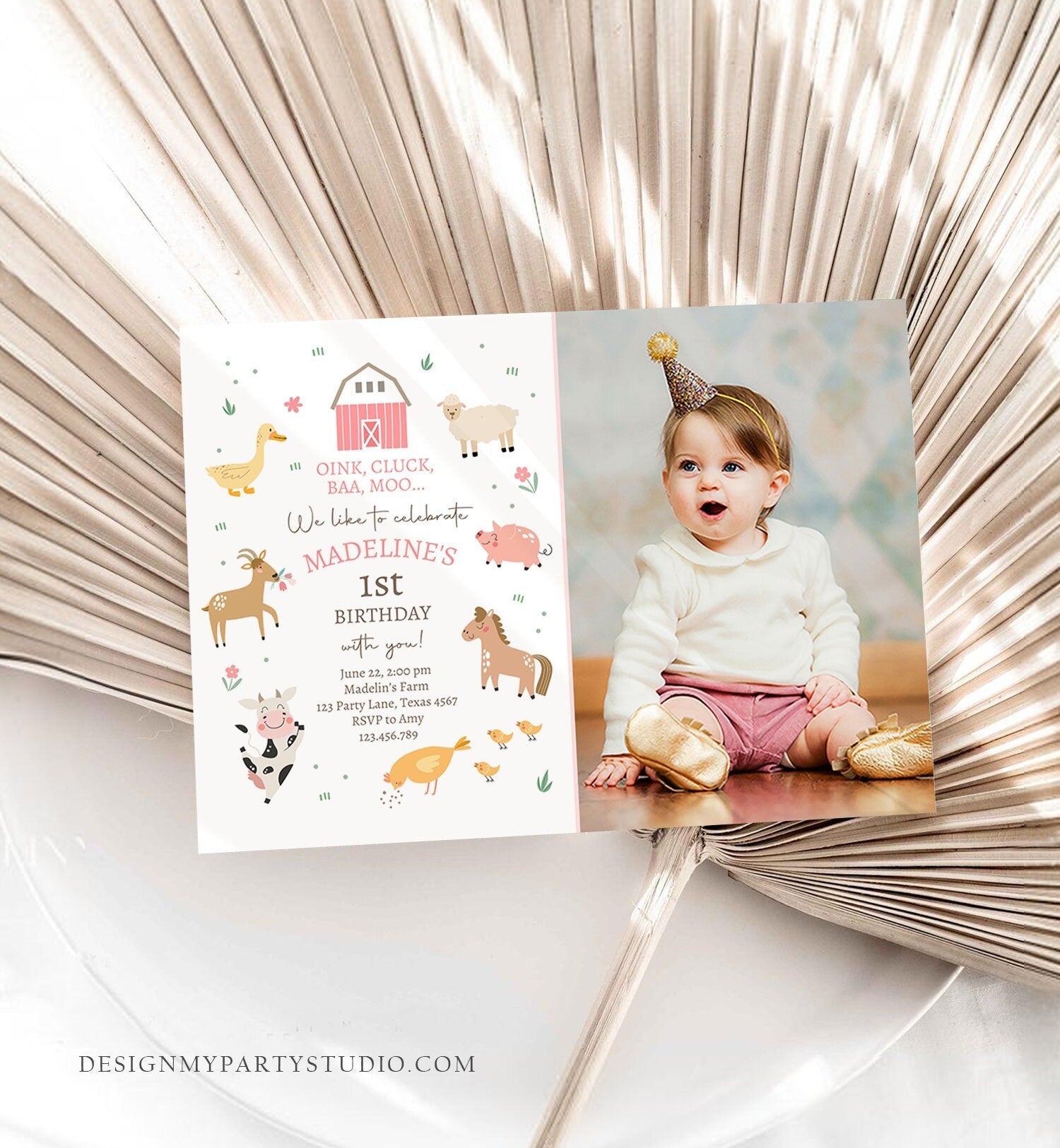 Editable Farm Birthday Invitation Girl Farm Animals Pink Barnyard Party Modern Pastel Download Printable Invite Template Digital Corjl 0436