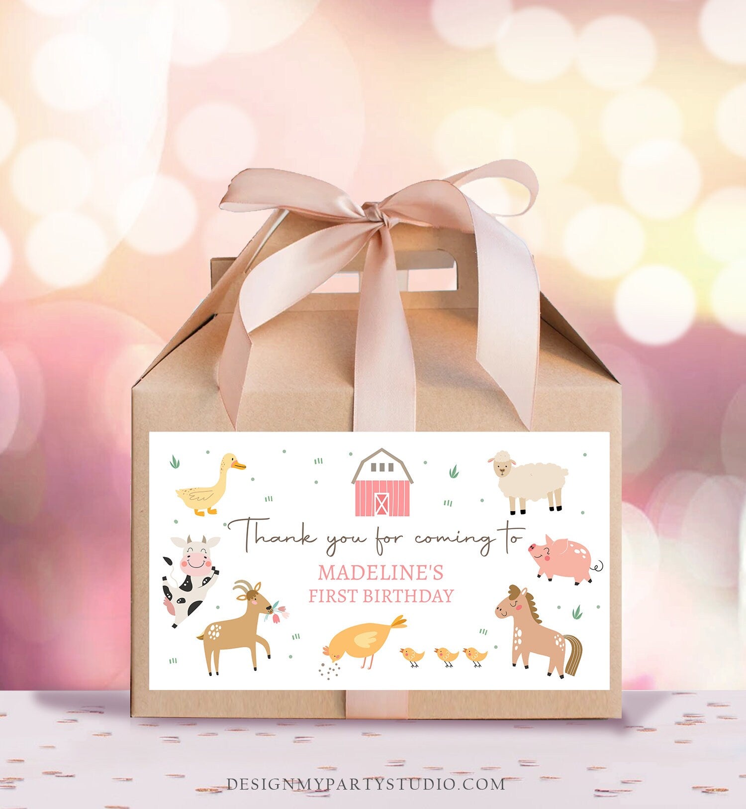 Editable Farm Animals Gable Gift Box Label Pink Farm Birthday Girl Treat Box Label Barnyard Party Modern Digital Template Printable 0436