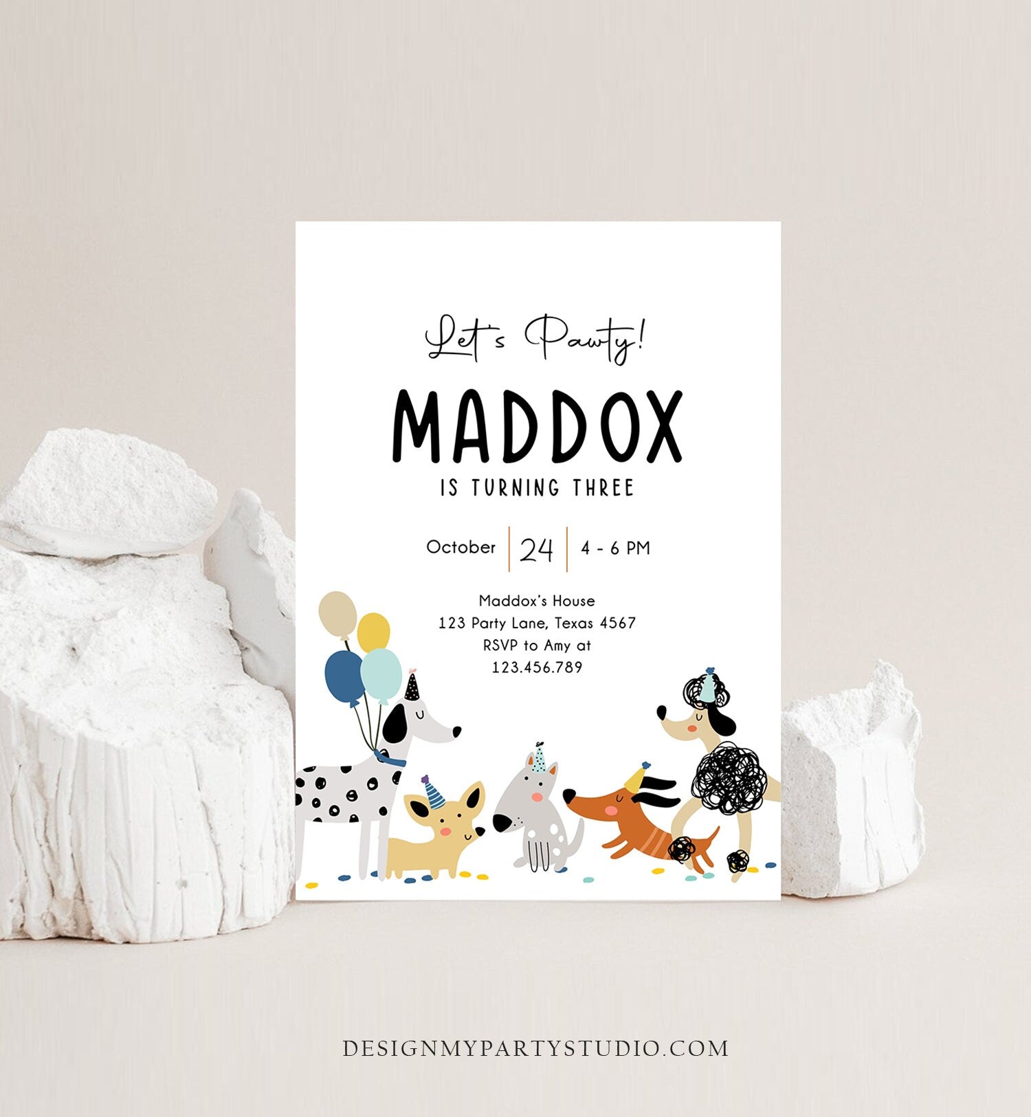 Editable Dog Birthday Party Invitation Puppy Birthday Invite Boy Pawty Birthday Animal Pet Vet Woof Download Printable Template Evite 0429