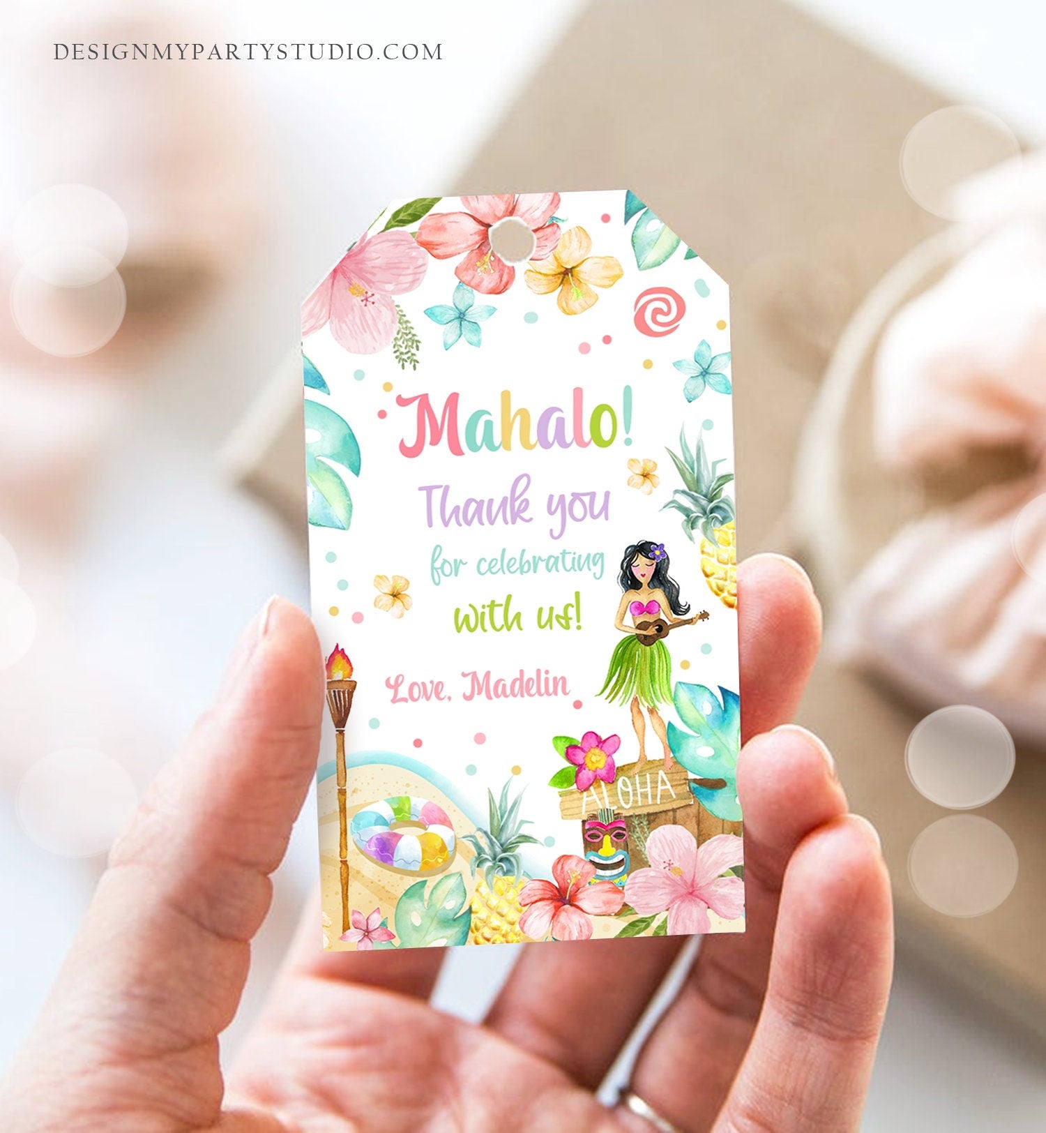 Editable Tropical Aloha Hawaiian Favor Tag Luau Birthday Party Thank You Tags Mahalo Favor Tag Pastel Girl Corjl Template Printable 0413