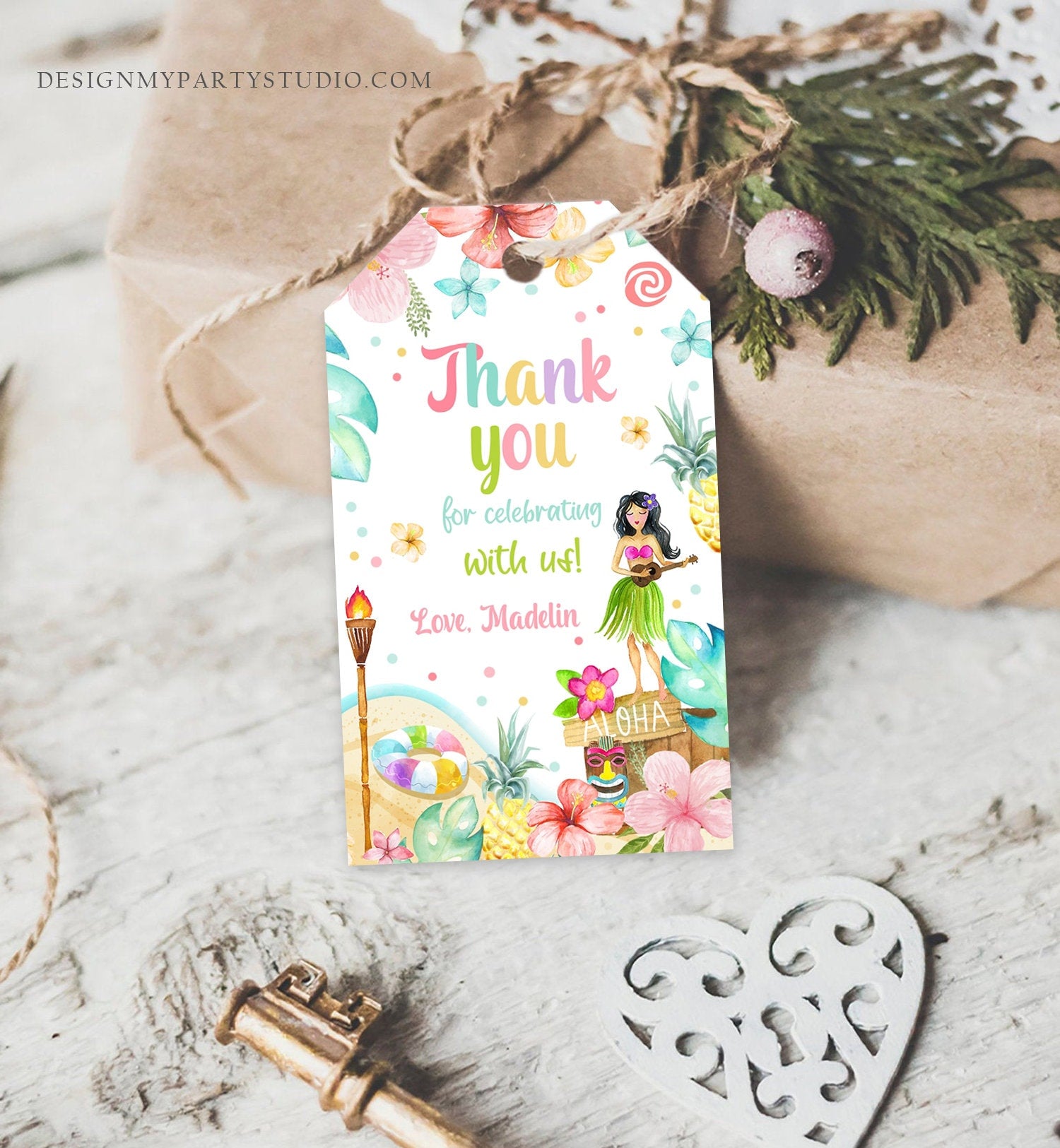 Editable Tropical Aloha Hawaiian Favor Tag Luau Birthday Party Thank You Label Mahalo Pastel Girl Digital Download Template Printable 0413